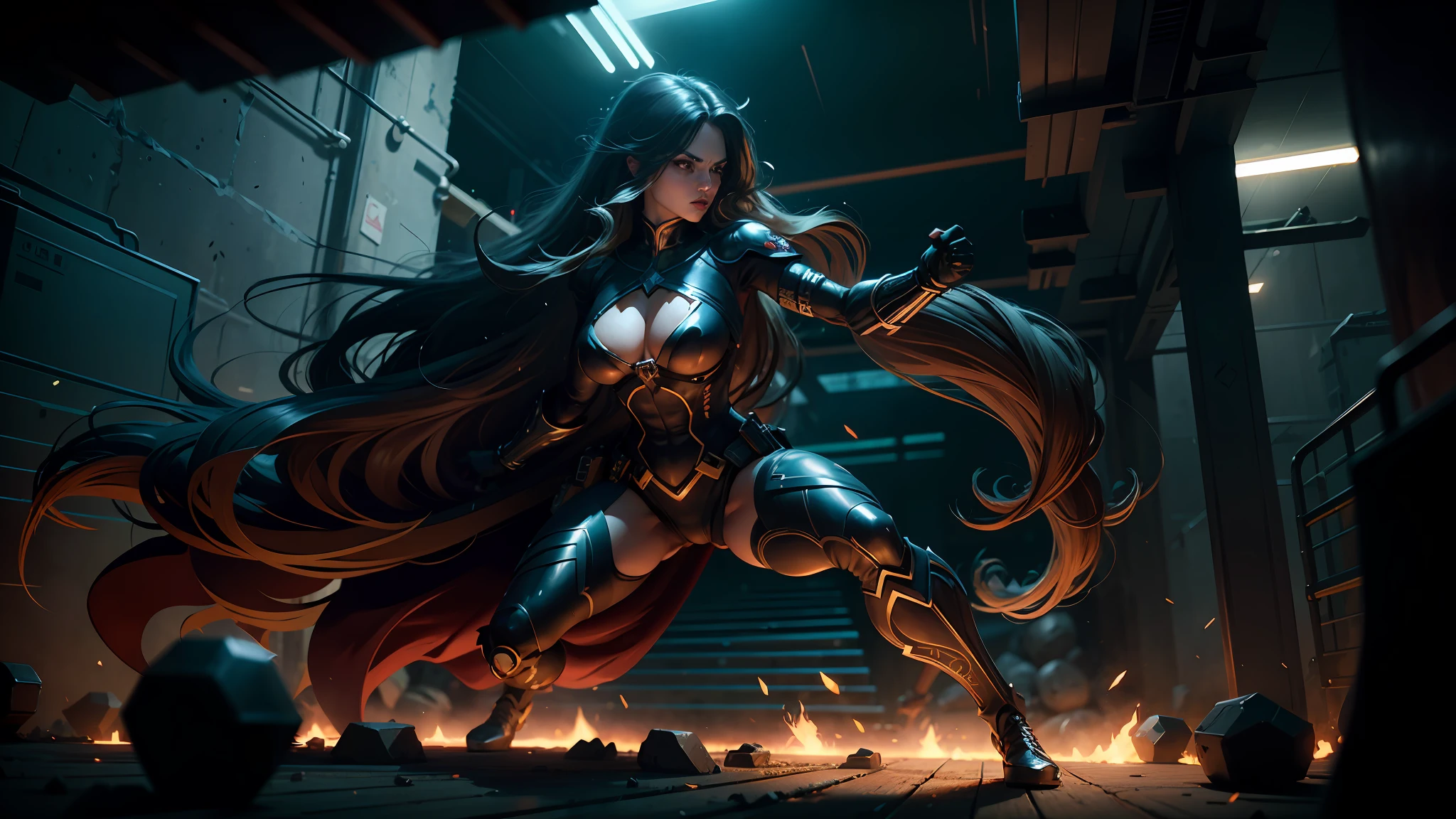 A long-haired superheroine in dynamic pose, dark and menacing and dangerous environment, insane quality, intricate details, perfect features, dramatic, cinematic lighting, accent lighting, SSAA, smooth render