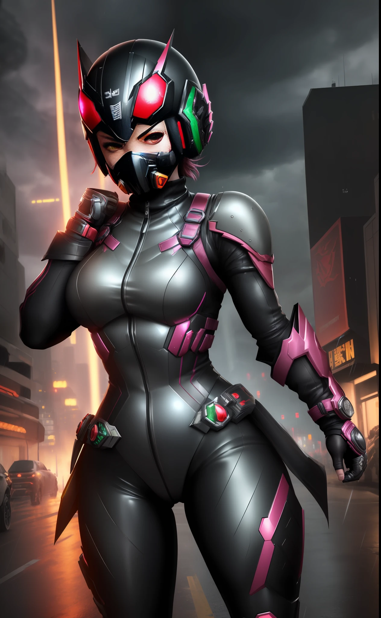 ((1girl/kamen Rider/full helmet with easy mask)), Unreal Engine 5/Mortal Kombat, anime style, full resolution/quality/sharpness/detail viewer, (bald head), breasts1giant, facing the viewer/staring, fighting position, clenched fists, in a futuristic city raining and thundering.