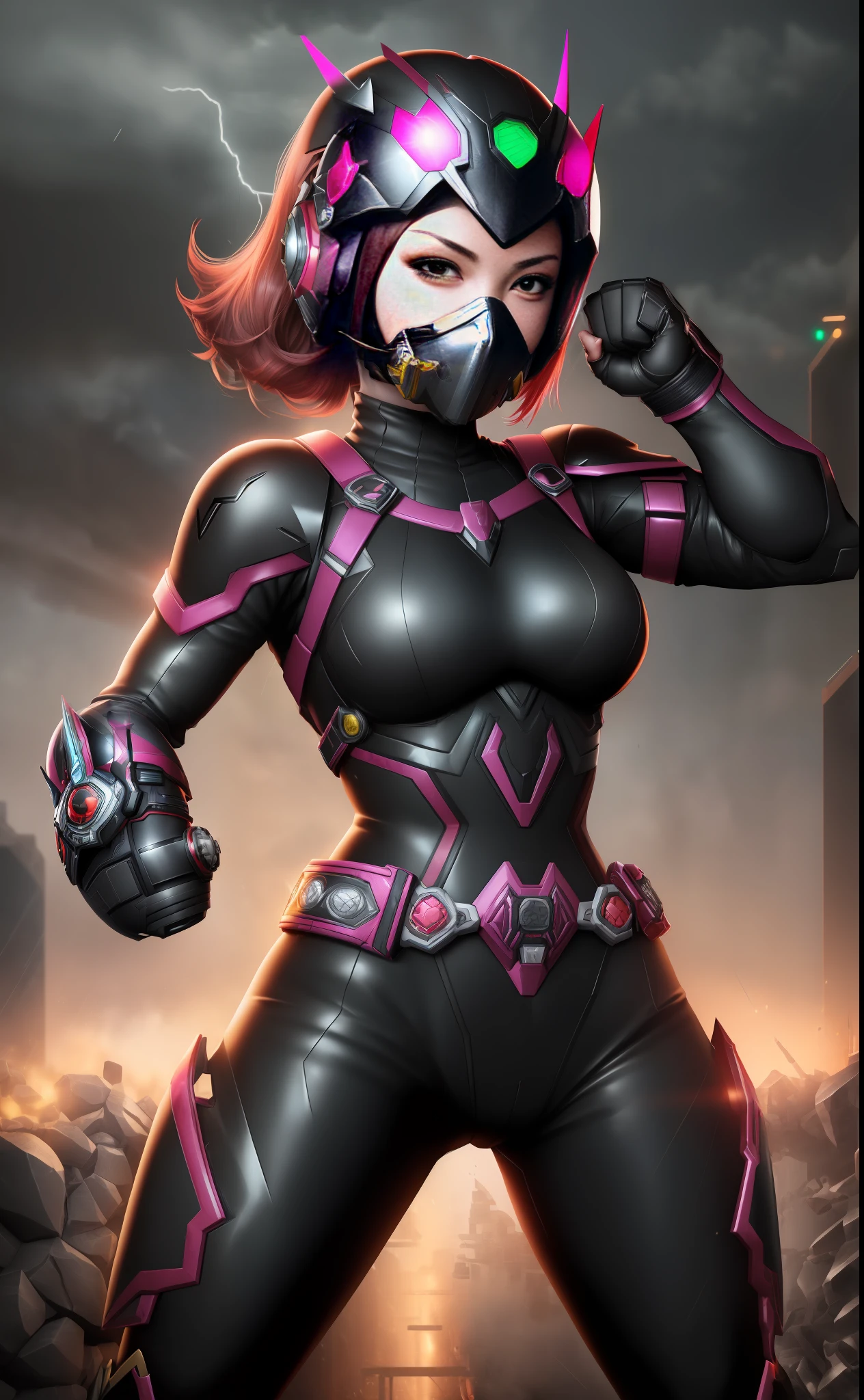 ((1girl/kamen Rider/full helmet with easy mask)), Unreal Engine 5/Mortal Kombat, anime style, full resolution/quality/sharpness/detail viewer, (bald head), breasts1giant, facing the viewer/staring, fighting position, clenched fists, in a futuristic city raining and thundering.