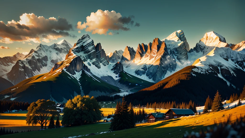 Alpine emerald green, grass, burning clouds, snow-capped mountains, dusk, depth of field, three-dimensional