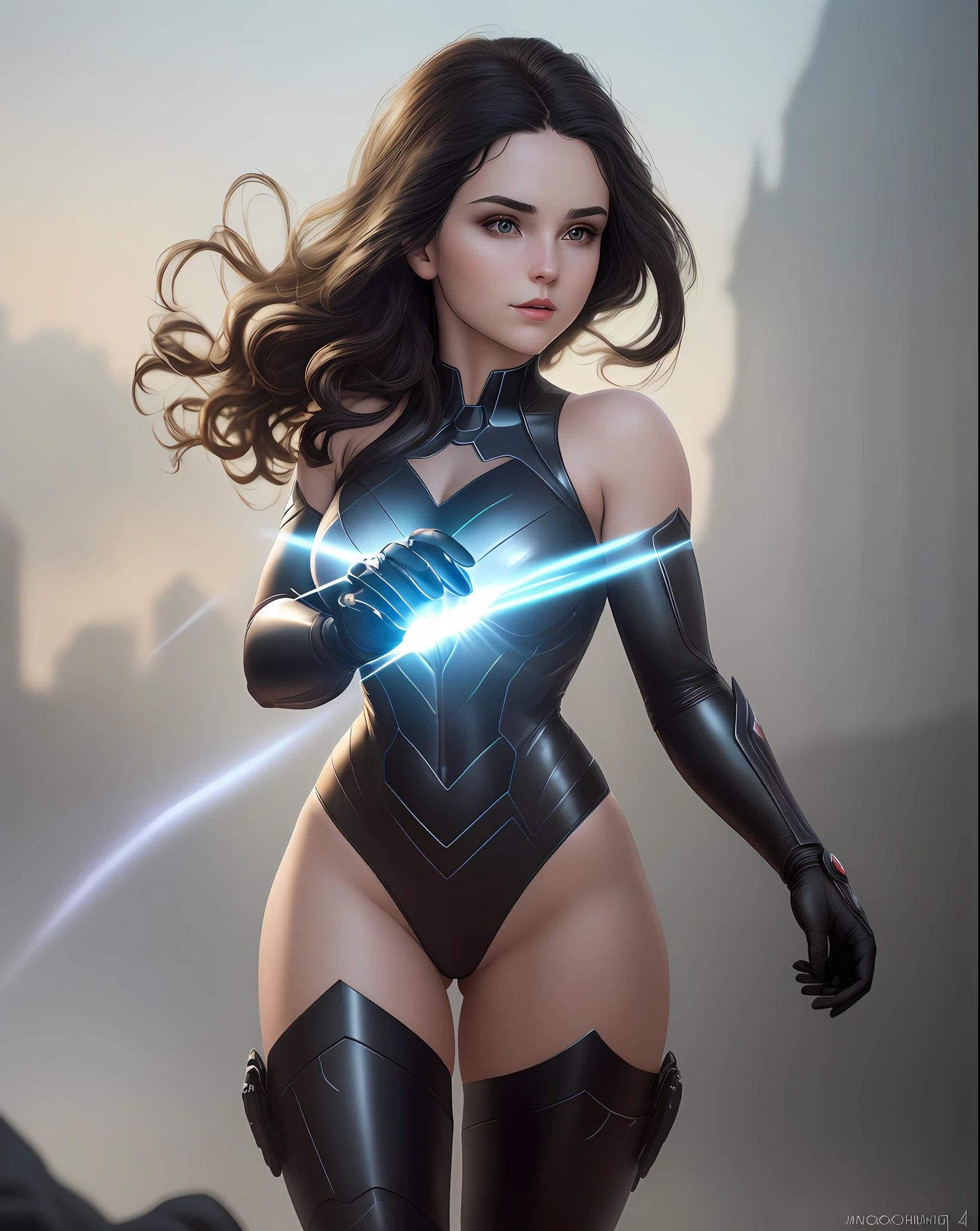 "Complete art masterpiece, high quality, ultra detailed in 4k, 8k, high resolution, hyper-realistic photo, hyper-detailed, realistic skin texture, amazing shadows, extremely detailed texture, perfect lighting, high-level image quality." A female heroine, (Fair skin, dark hair, outlined eyes, outlined face, gloves, Full body), wearing a one-piece superhero costume, realising a Magic light from hands