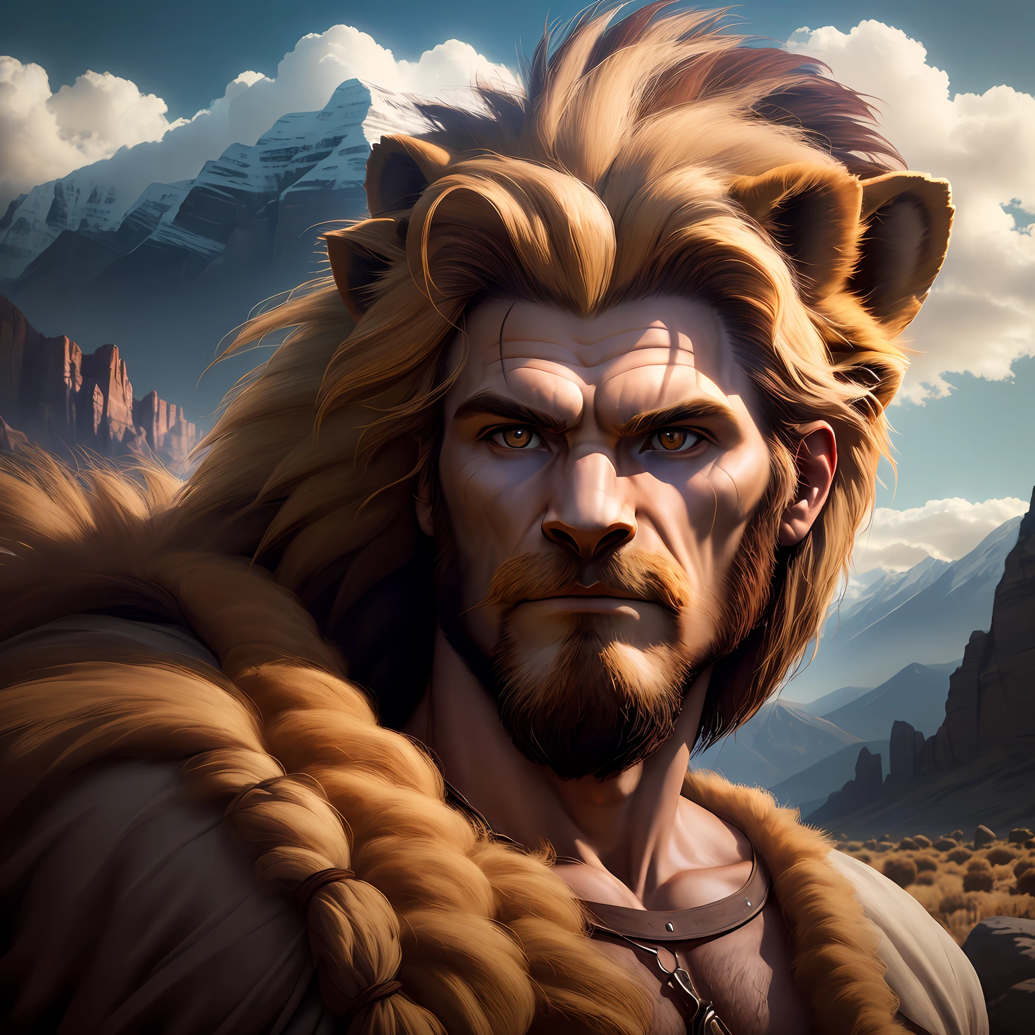 Man with lion's head, flashing environment, cinematic focus, 8k quality, rocky mountains, beautiful colors
