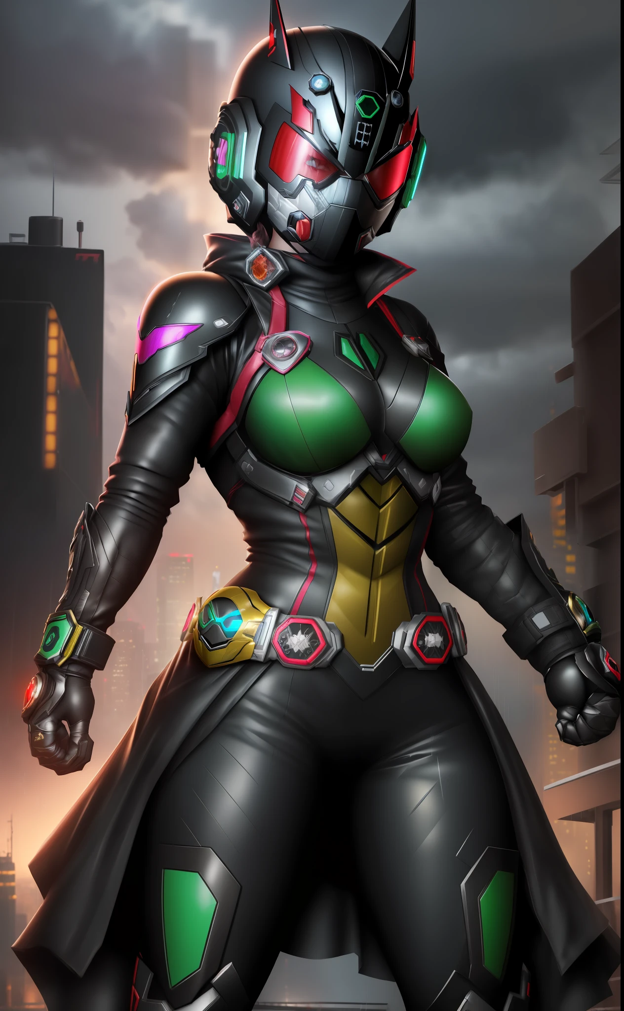 ((1girl/kamen Rider/helmet with fully covered face)), Unreal Engine 5/Mortal Kombat, anime style, full resolution/quality/sharpness/detail viewer, (bald head), breasts1giant, facing the viewer/staring, fighting position, clenched fists, in a futuristic city raining and thundering.