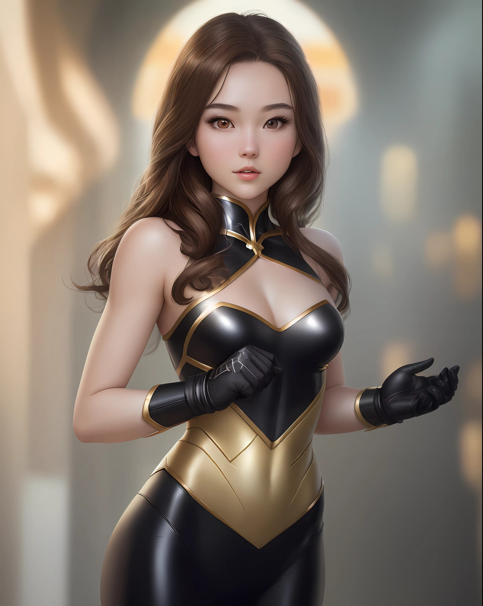 "Complete art masterpiece, high quality, ultra detailed in 4k, 8k, high resolution, hyper-realistic photo, hyper-detailed, realistic skin texture, amazing shadows, extremely detailed texture, perfect lighting, high-level image quality." A female heroine, (Fair skin, brown hair, chinese, outlined eyes, outlined face, gloves, Full body), wearing a one-piece superhero costume, realising a Magic light from hands
