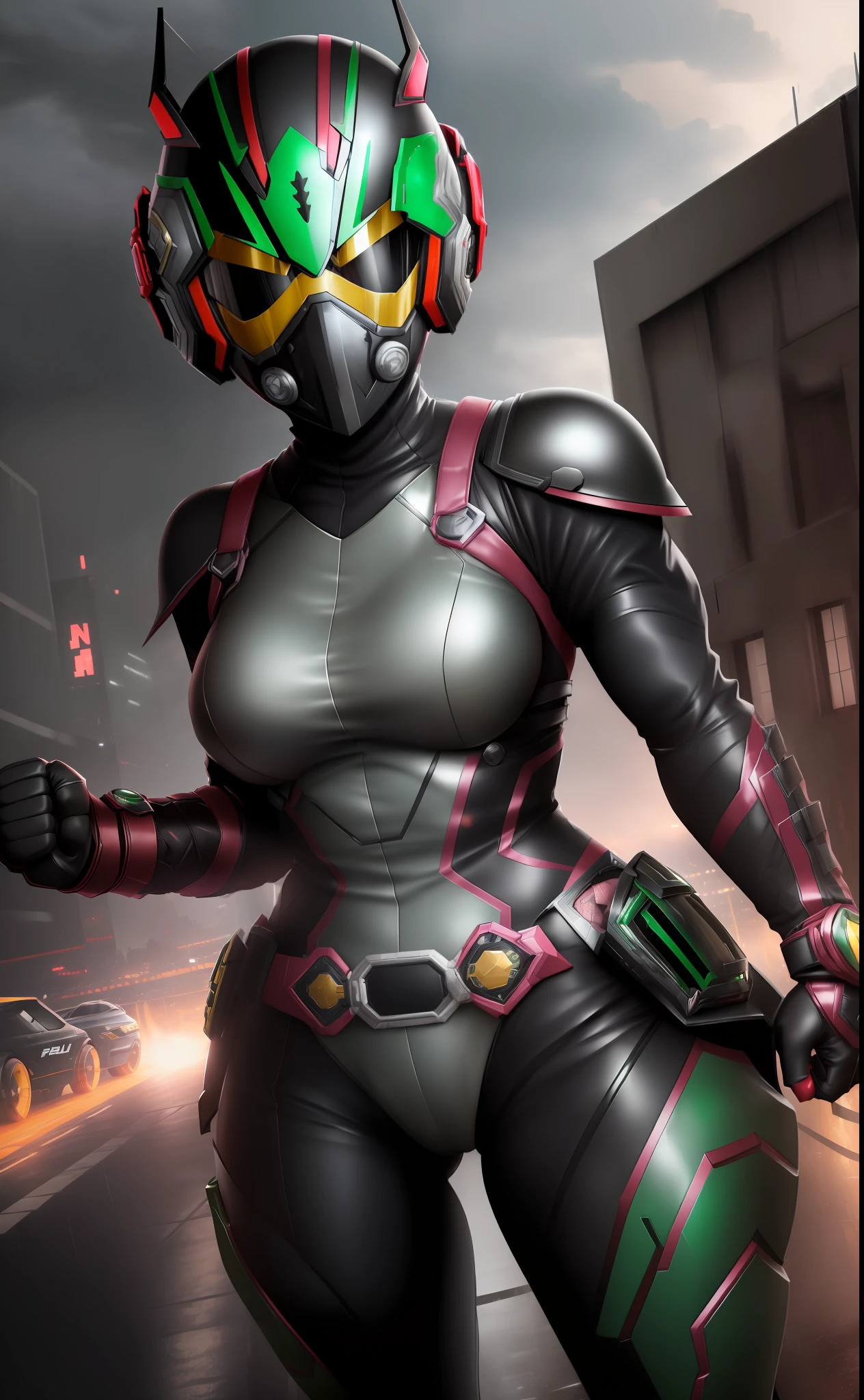 ((1girl/kamen Rider/helmet with fully covered face)), Unreal Engine 5/Mortal Kombat, anime style, full resolution/quality/sharpness/detail viewer, (bald head), breasts1giant, facing the viewer/staring, fighting position, clenched fists, in a futuristic city raining and thundering.