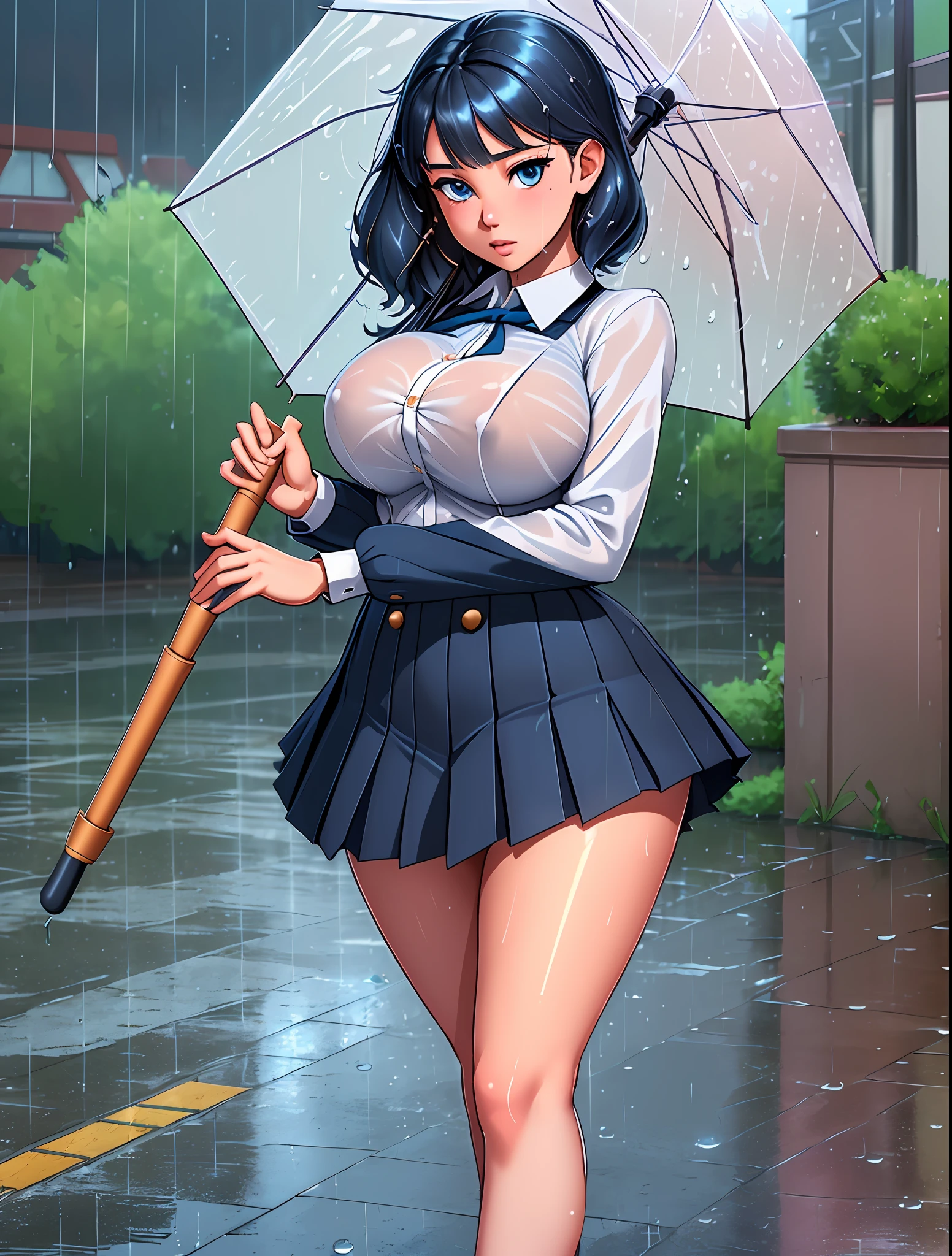 (extremely detailed CG unity 8k wallpaper, best quality, masterpiece),(best illumination, best shadow, an extremely delicate and beautiful), cute girl, (holding an umbrella, rainy day, puzzling look, school girl uniform), (dynamic angle, close-up shot), raindrops, wet streets, giant booty, big boobs