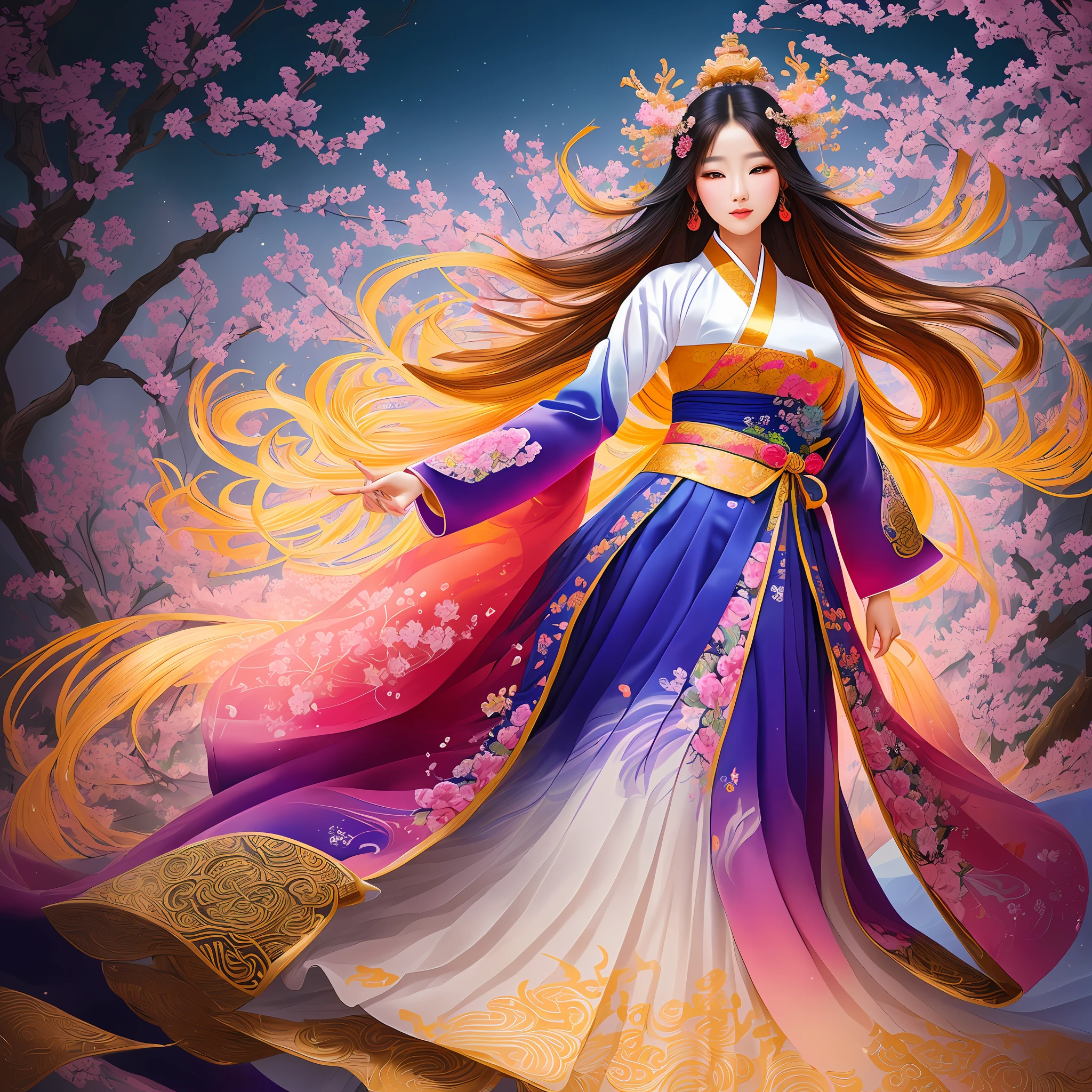 extremely detailed illustration of a extremely beautiful korean woman in a detailed hanbok with long hair floating, curvy full body, asian style, intricately detailed fantasy korean garden, magical lights surrounding her, tetrad colors, color strokes, 16k resolution or higher, sharp focus,
