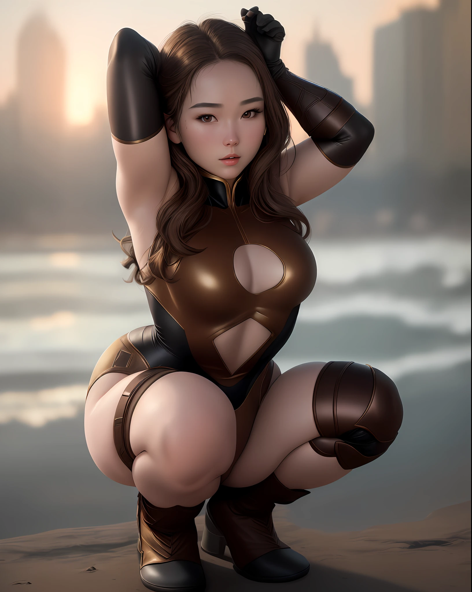 "Complete art masterpiece, high quality, ultra detailed in 4k, 8k, high resolution, hyper-realistic photo, hyper-detailed, realistic skin texture, amazing shadows, extremely detailed texture, perfect lighting, high-level image quality." A female heroine, (Fair skin, brown hair, chinese, outlined eyes, outlined face, gloves, Full body), wearing a one-piece superhero costume, squatting with hands above head