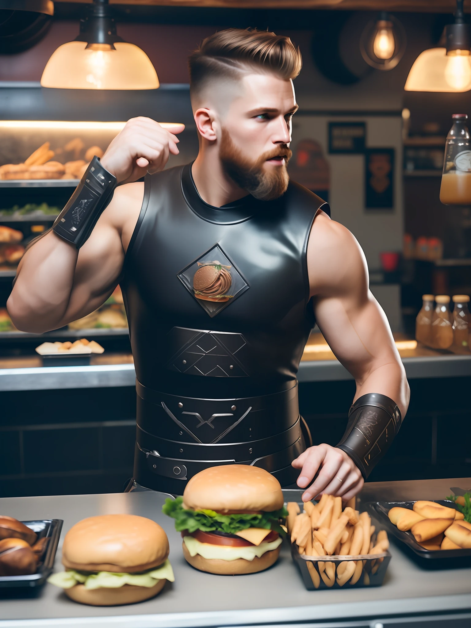 fking_scifi_v2, portrait of a young very handsome and strong viking warrior, standing inside a snack bar, eating a hamburger,cliffs, close up, attacking pose and attitude.