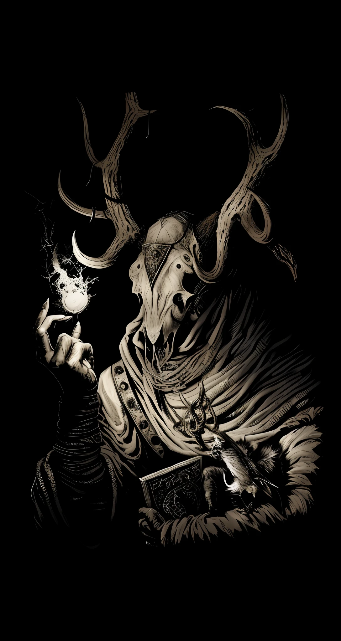 there is a drawing of a man with a deer head and a bird, horned god, ancient antler deity, medieval alchemist in the dark, an ominous fantasy illustration, dark fantasy illustration, lich vecna (d&d), in a horned helmet, dark souls art, highly detailed dark art, dnd fantsay art, mark riddick, el bosco and dan mumford