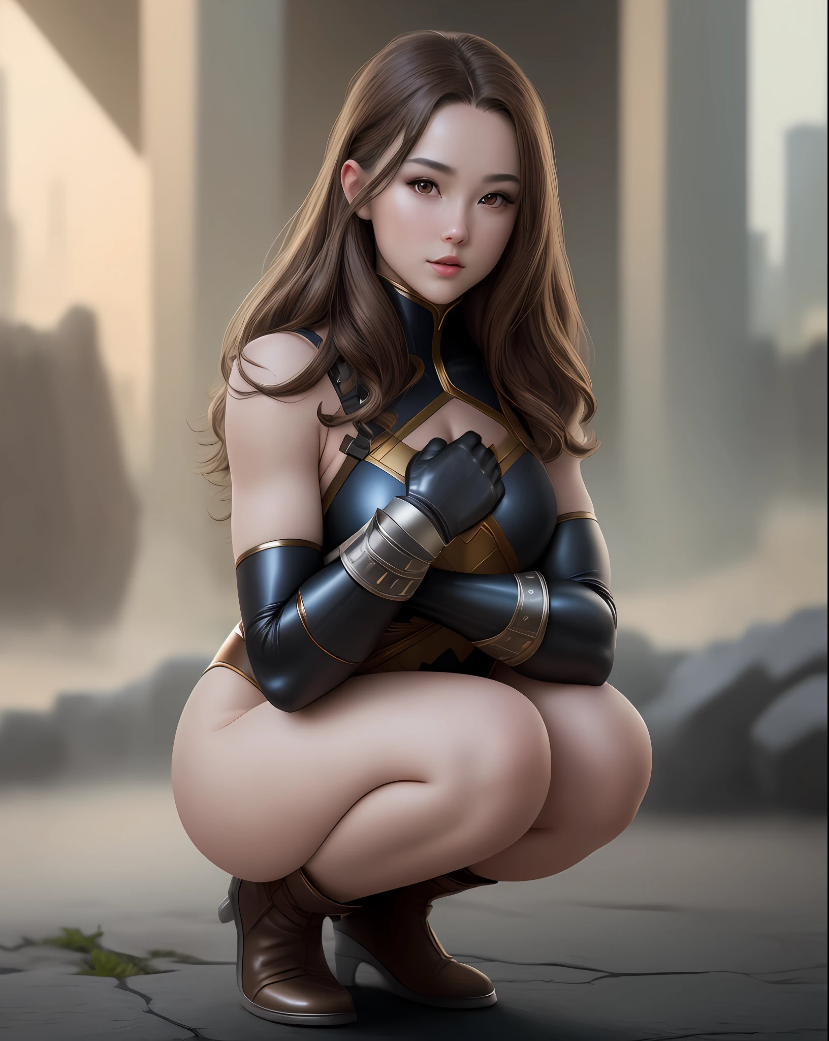 "Complete art masterpiece, high quality, ultra detailed in 4k, 8k, high resolution, hyper-realistic photo, hyper-detailed, realistic skin texture, amazing shadows, extremely detailed texture, perfect lighting, high-level image quality." A female heroine, (Fair skin, brown hair, chinese, outlined eyes, outlined face, gloves, Full body), wearing a one-piece superhero costume, squatting with hands above head