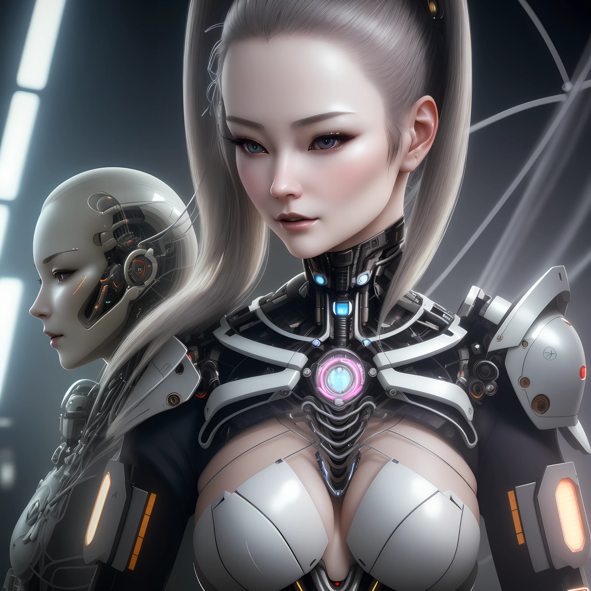 Character Sheet, complex 3d render ultra detailed of a beautiful porcelain profile japan woman android face, cyborg, robotic parts, beautiful studio soft light, rim light, vibrant details, luxurious cyberpunk, lace, hyper realistic, anatomical, facial muscles, cable electric wires, microchip, elegant, beautiful background, octane render, H.R. Giger style,