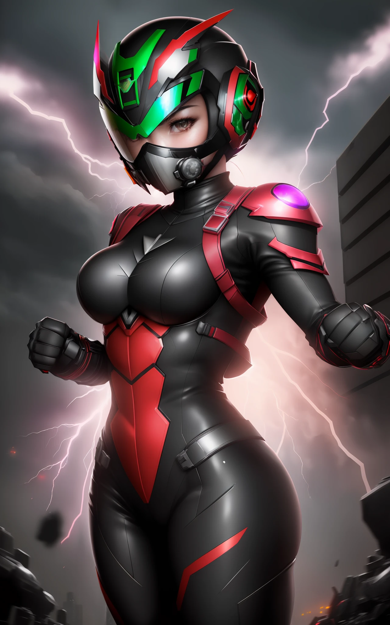 ((1girl/kamen Rider/helmet with face fully covered with optical viewfinder)), Unreal Engine 5/Mortal Kombat, anime style, full resolution/quality/sharpness/detail viewer, (bald head), breasts1giant, facing the viewer/staring, fighting position, clenched fists, in a futuristic city raining and thundering.