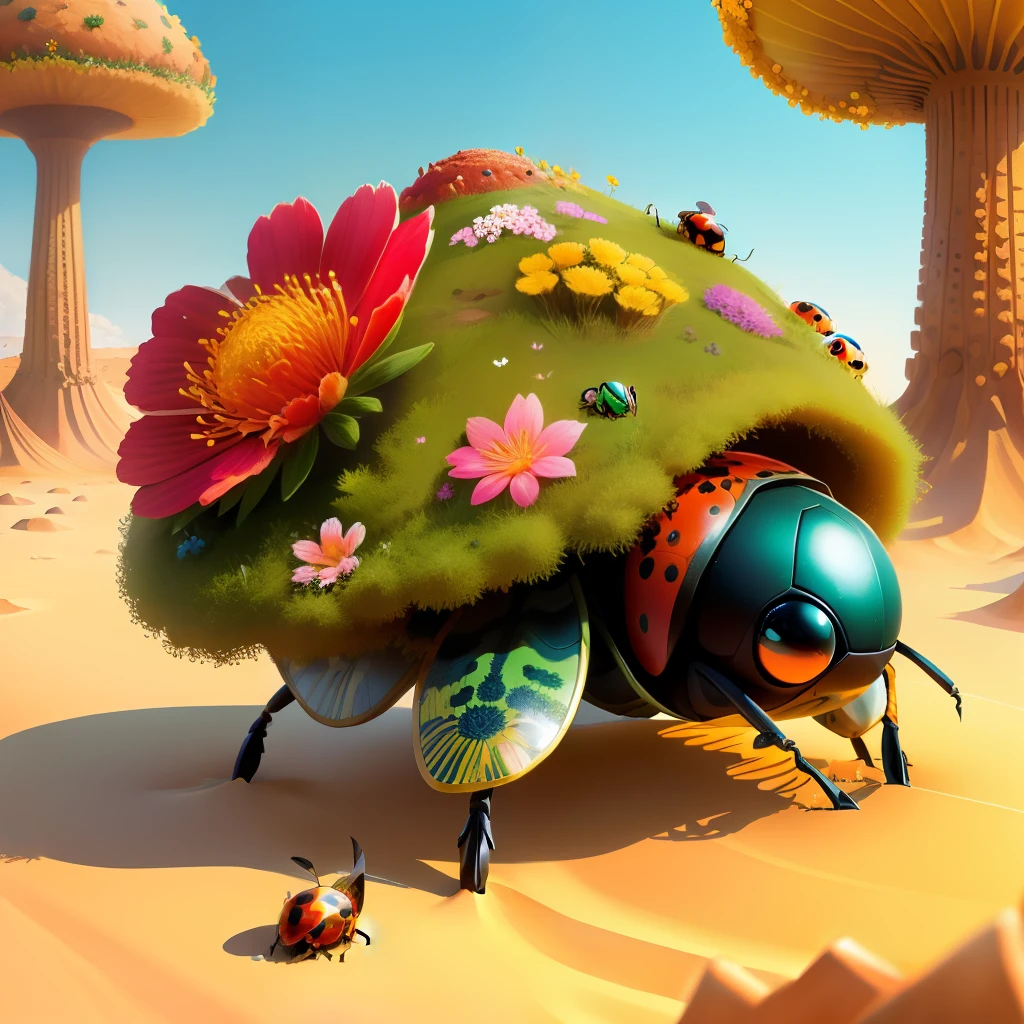 a Anthill with Sand and flowers and a ladybug on top