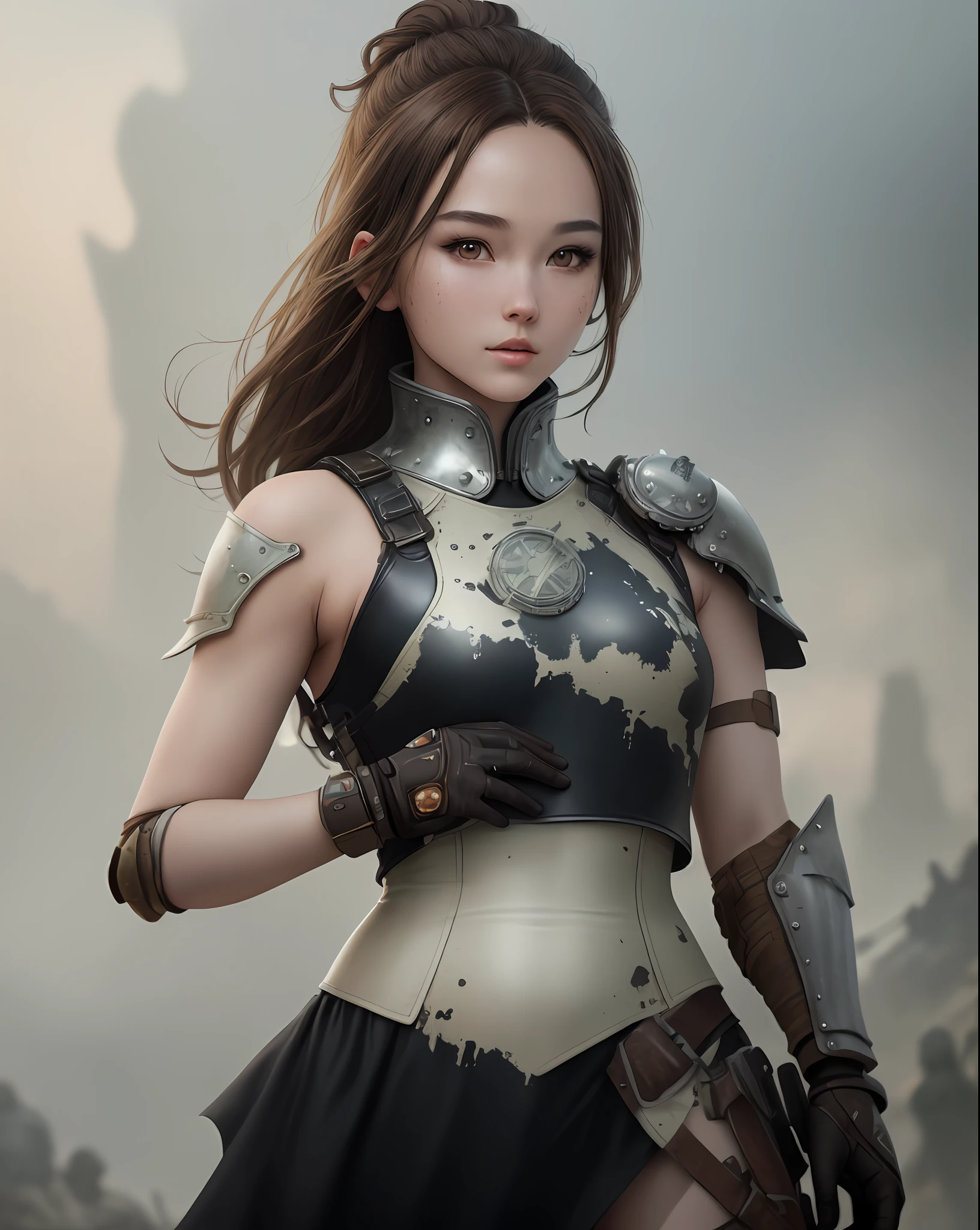 "Complete art masterpiece, high quality, ultra detailed in 4k, 8k, high resolution, hyper-realistic photo, hyper-detailed, realistic skin texture, amazing shadows, extremely detailed texture, perfect lighting, high-level image quality." A female heroine, (Fair skin, brown hair, chinese, outlined eyes, outlined face, gloves, thin body), wearing a one-piece leather tattered armor, dystopian wastland nuclear Fallout Future,