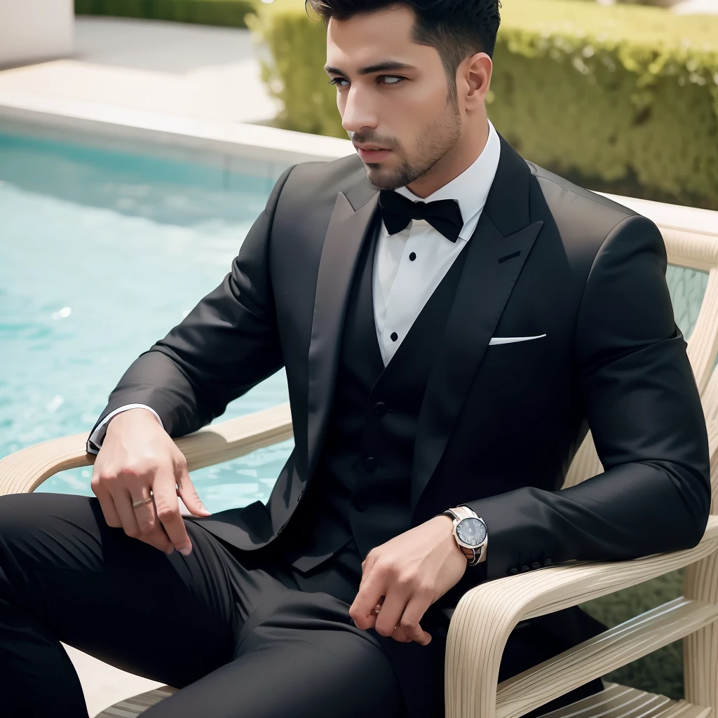 arafed man in a black suit sitting by a pool, handsome and elegant, handsome male, attractive man, handsome man, portrait shot, man in black suit, attractive male, handsome and attractive, attractive and good looking, beautiful young man, male model, wearing black suit, well-groomed model, wearing a black suit, profile shot, suit ， perfect face