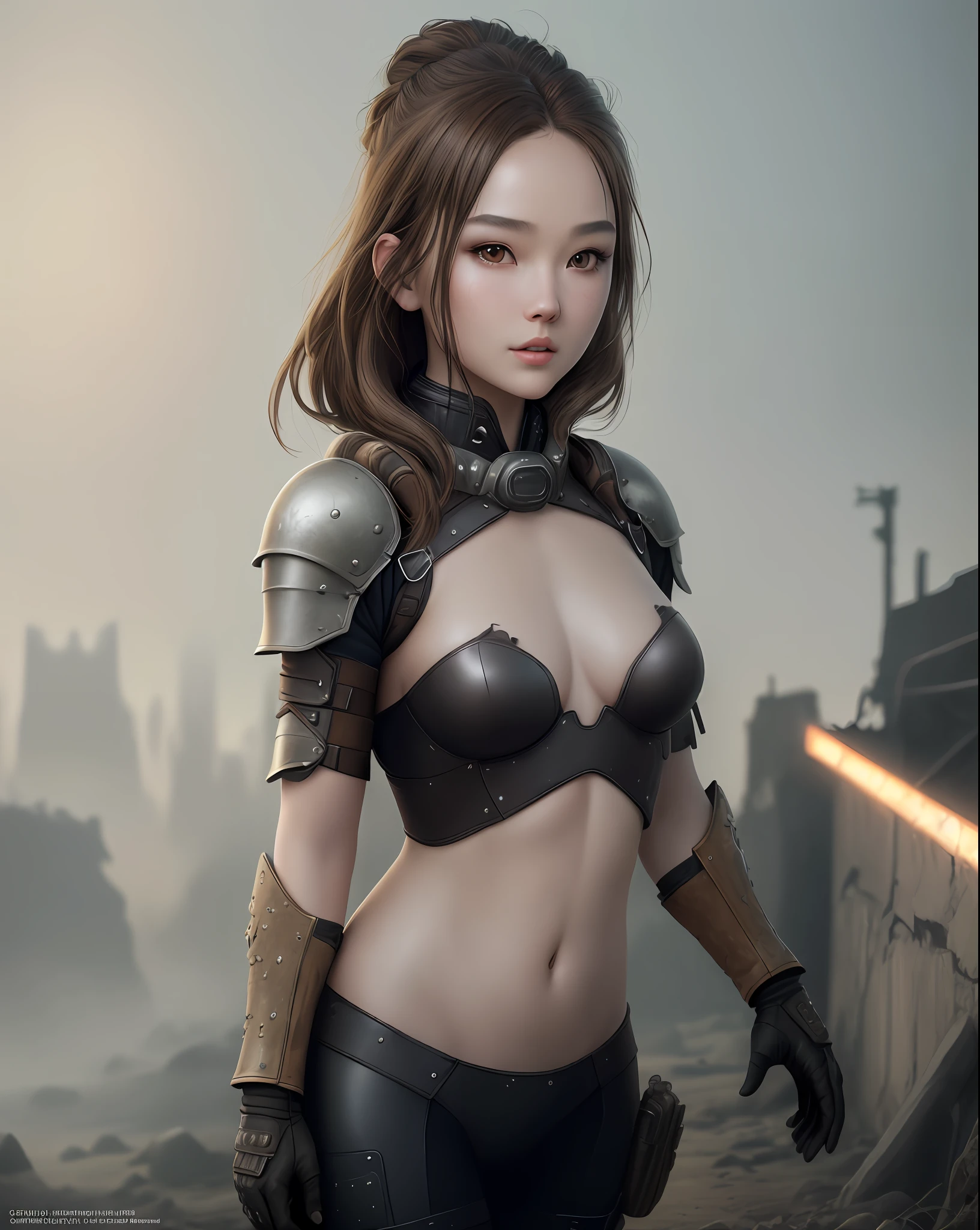 "Complete art masterpiece, high quality, ultra detailed in 4k, 8k, high resolution, hyper-realistic photo, hyper-detailed, realistic skin texture, amazing shadows, extremely detailed texture, perfect lighting, high-level image quality." A female heroine, (Fair skin, brown hair, chinese, outlined eyes, outlined face, gloves, thin body), wearing a one-piece leather tattered armor, dystopian wastland nuclear Fallout Future,