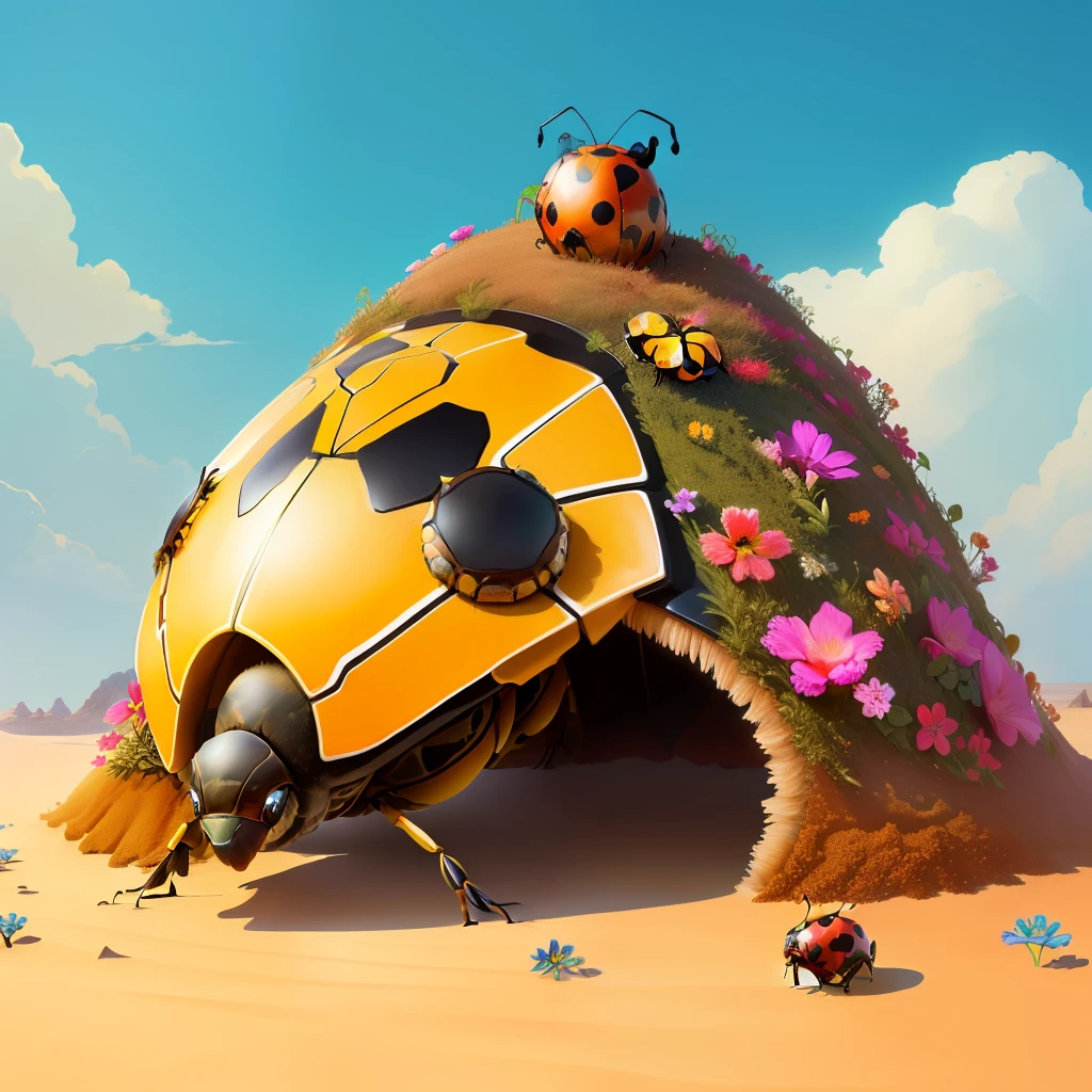 a Anthill with Sand and flowers and a ladybug on top
