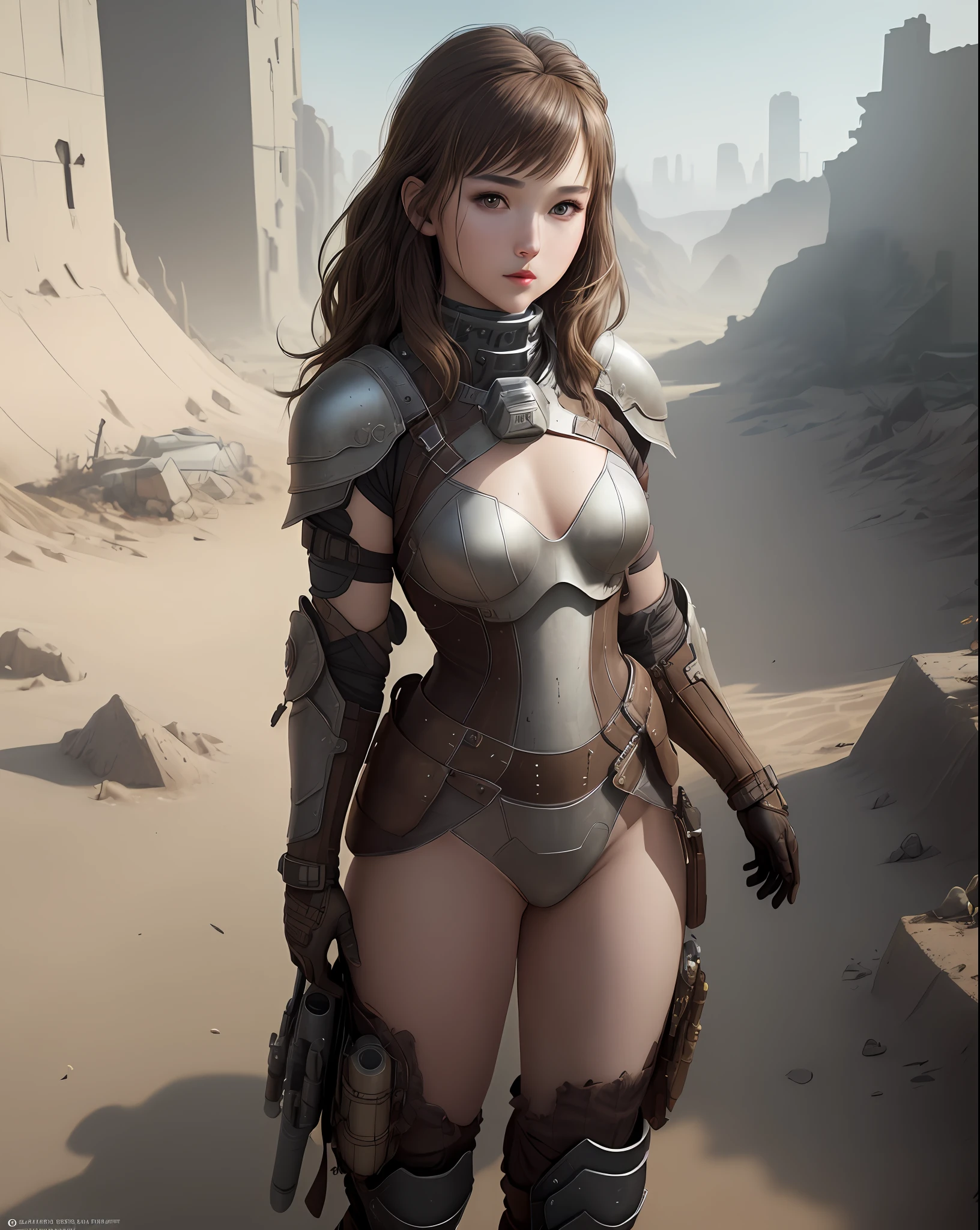 "Complete art masterpiece, high quality, ultra detailed in 4k, 8k, high resolution, hyper-realistic photo, hyper-detailed, realistic skin texture, amazing shadows, extremely detailed texture, perfect lighting, high-level image quality." A female heroine, (Fair skin, brown hair, chinese, outlined eyes, outlined face, gloves, Full body), wearing a one-piece leather tattered armor, dystopian wastland nuclear Fallout Future,