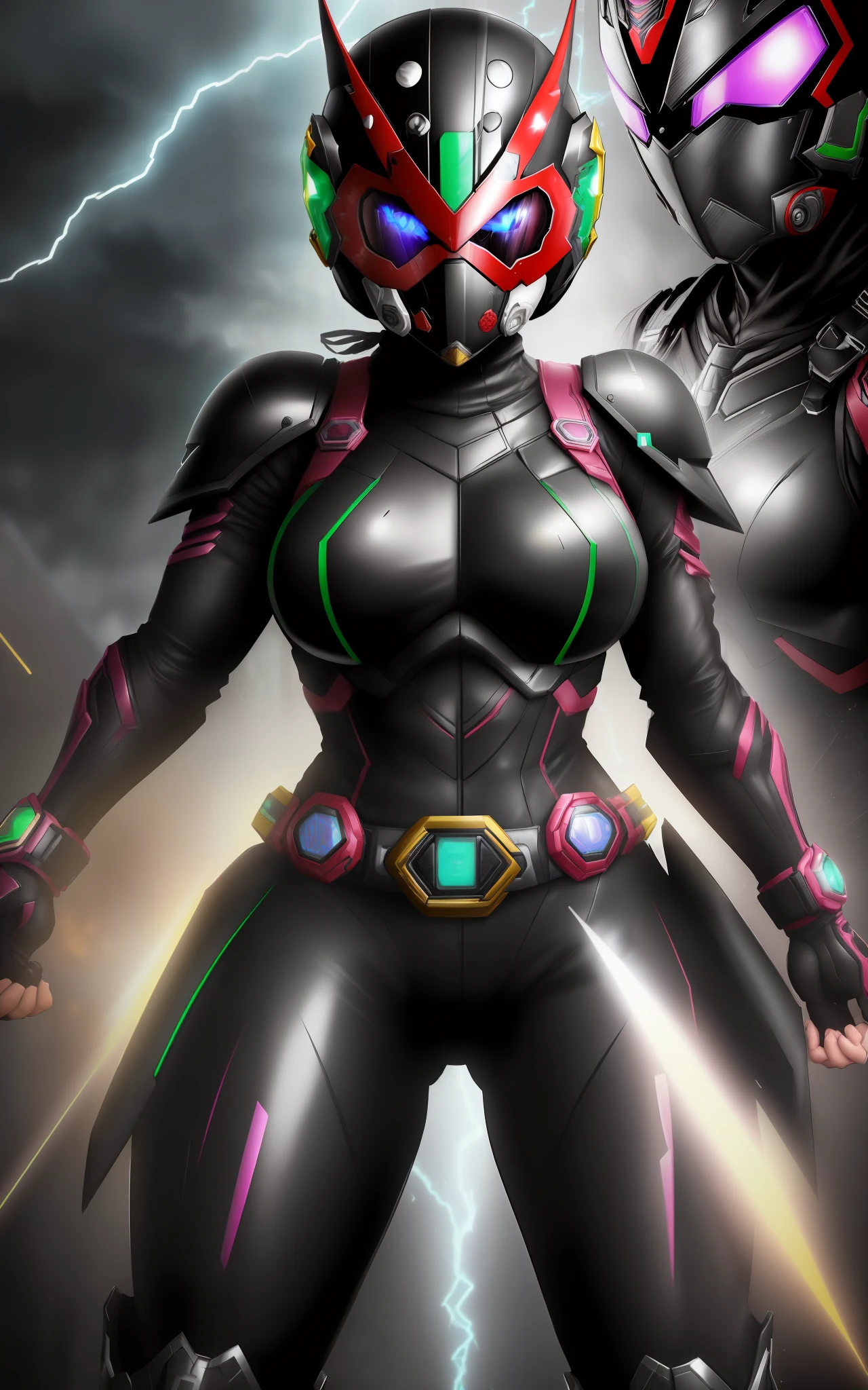 ((1girl/kamen Rider/helmet with face fully covered with colored glass visor)), Unreal Engine 5/Mortal Kombat, anime style, maximum resolution/quality/sharpness/spectator of details, (bald head), breasts1giant, facing the viewer/staring, fighting position, clenched fists, in a futuristic city raining and thundering.