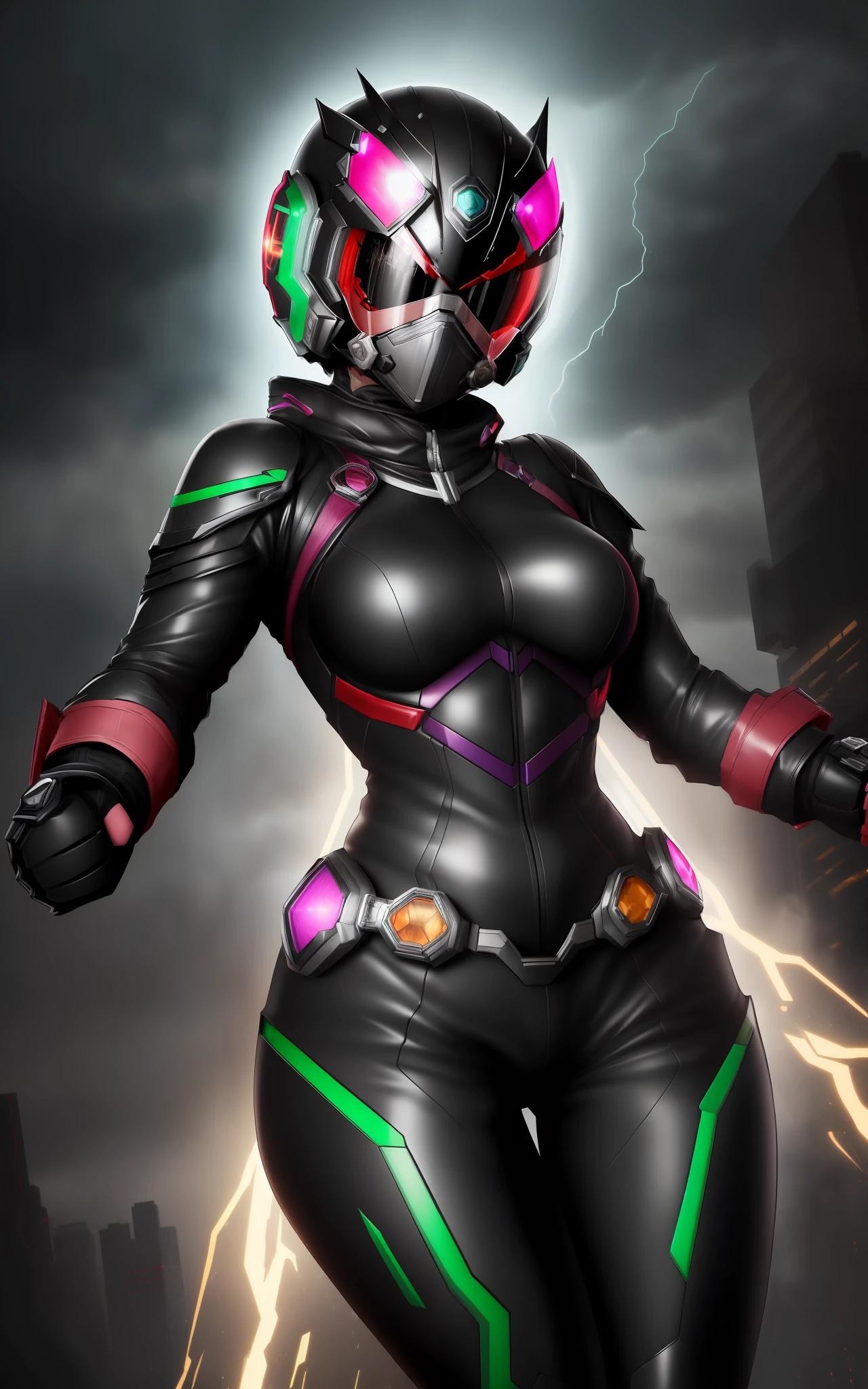 ((1girl/kamen Rider/helmet with face fully covered with colored glass visor)), Unreal Engine 5/Mortal Kombat, anime style, maximum resolution/quality/sharpness/spectator of details, (bald head), breasts1giant, facing the viewer/staring, fighting position, clenched fists, in a futuristic city raining and thundering.