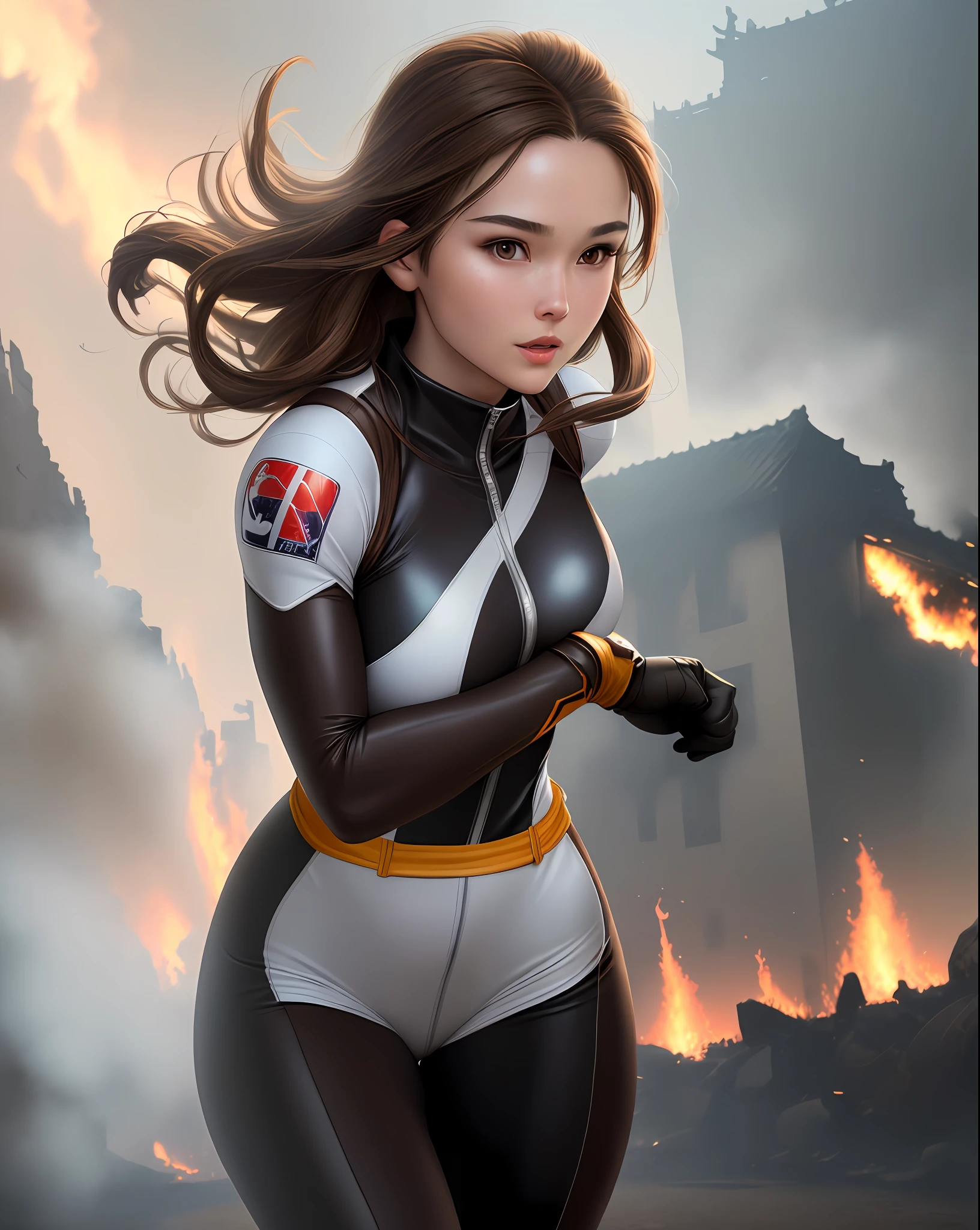 "Complete art masterpiece, high quality, ultra detailed in 4k, 8k, high resolution, hyper-realistic photo, hyper-detailed, realistic skin texture, amazing shadows, extremely detailed texture, perfect lighting, high-level image quality." A female heroine, (Fair skin, brown hair, chinese, outlined eyes, outlined face, gloves, Full body), wearing a one-piece superhero costume, running from a fire building