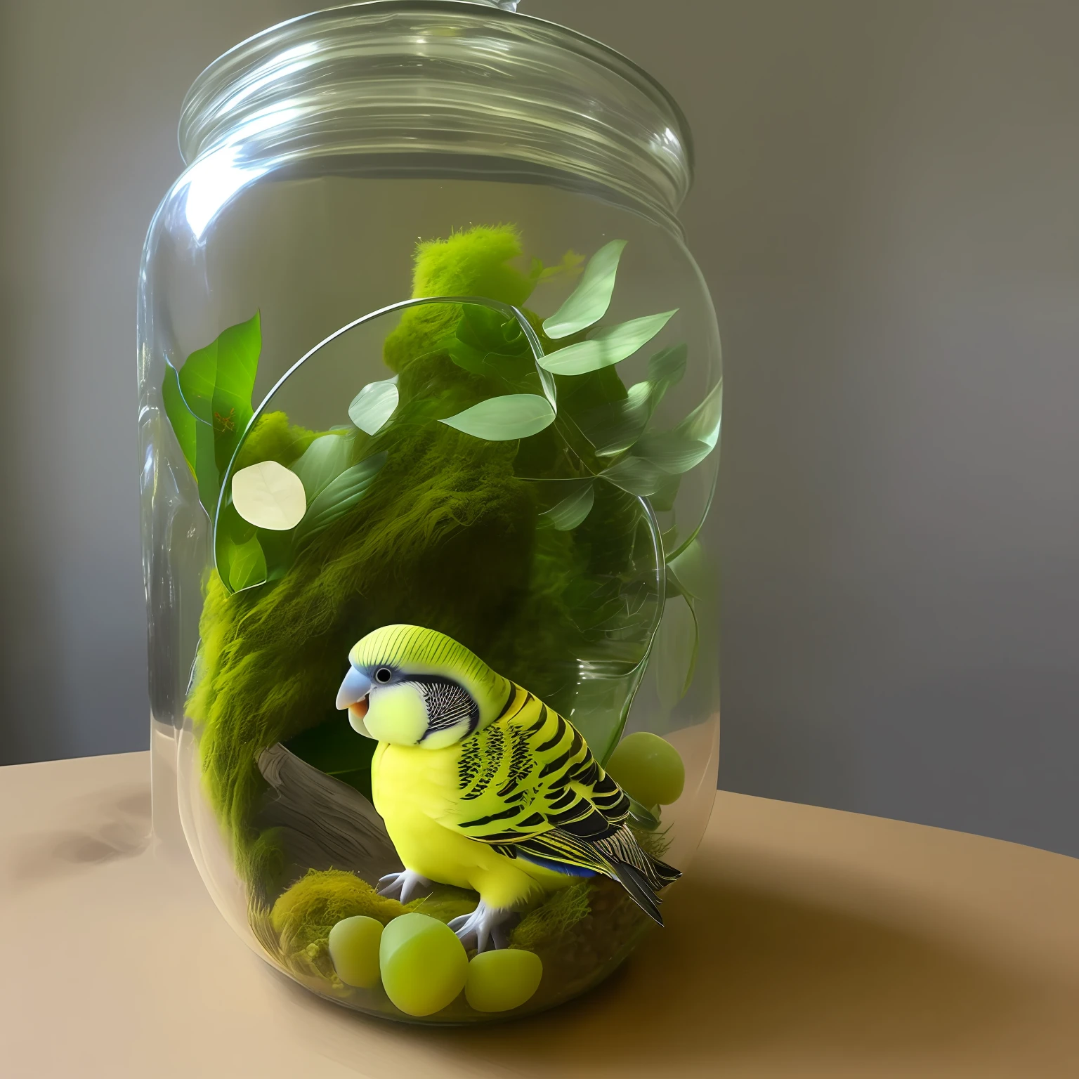 One yellow-green budgerigar in a glass jar. At the bottom of the jar are leaves, moss and tropical fruits.