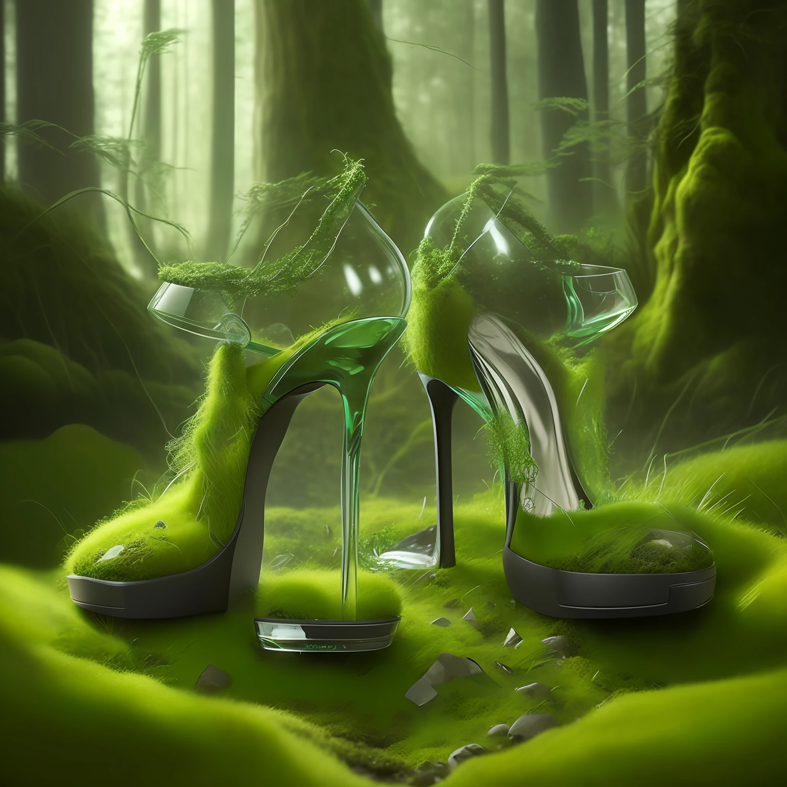 Grass and moss growing in a glass heels, fantasy forest ambiance