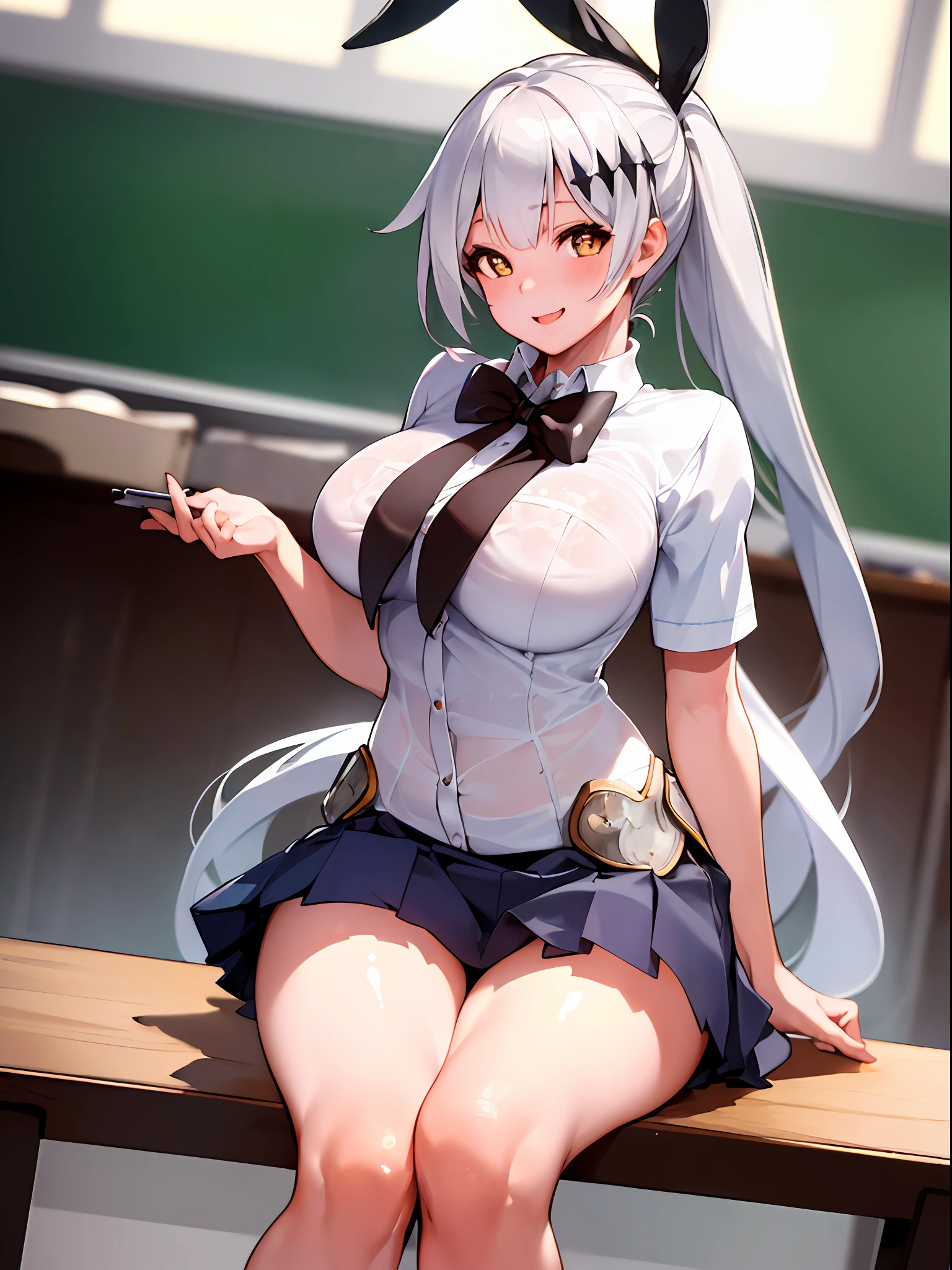 (masterpiece), (best quality), ((high resolution)), ((pupils)), fiveseven, lovely smile, 1 girl, long ponytail, silver hair, large breasts, ((school uniform))