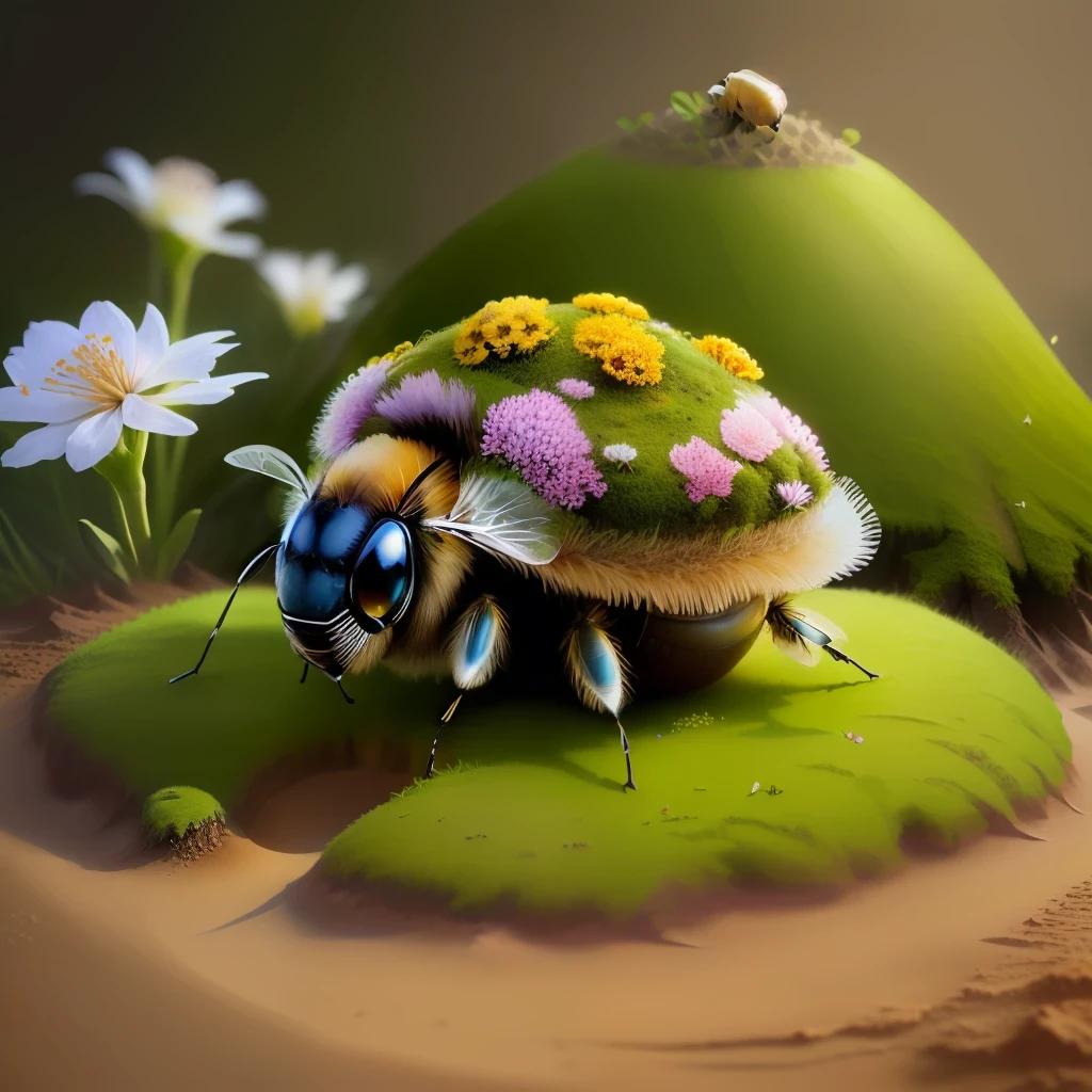 an Anthill made with Sand, flowers and Moss. A bee on top. Realistic photo shot