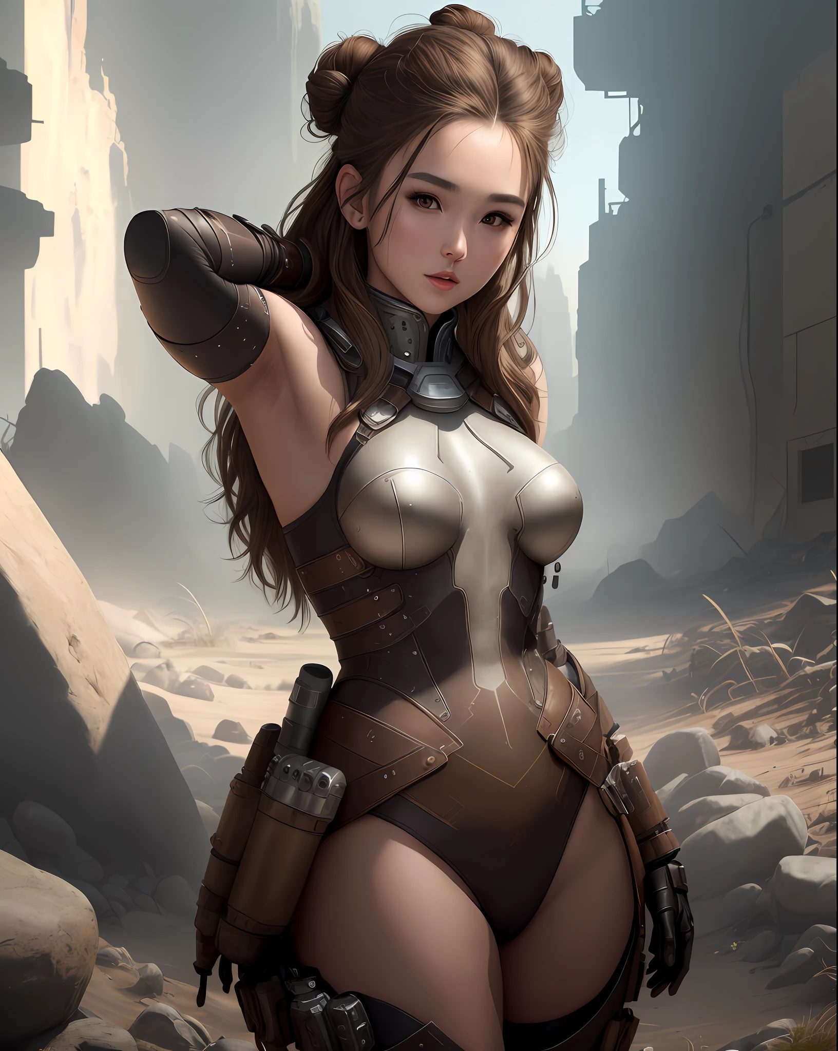 "Complete art masterpiece, high quality, ultra detailed in 4k, 8k, high resolution, hyper-realistic photo, hyper-detailed, realistic skin texture, amazing shadows, extremely detailed texture, perfect lighting, high-level image quality." A female heroine, (Fair skin, brown hair, chinese, outlined eyes, outlined face, gloves, thin body), wearing a one-piece leather tattered armor, dystopian wastland nuclear Fallout Future, sexy arms UP pose, armpit