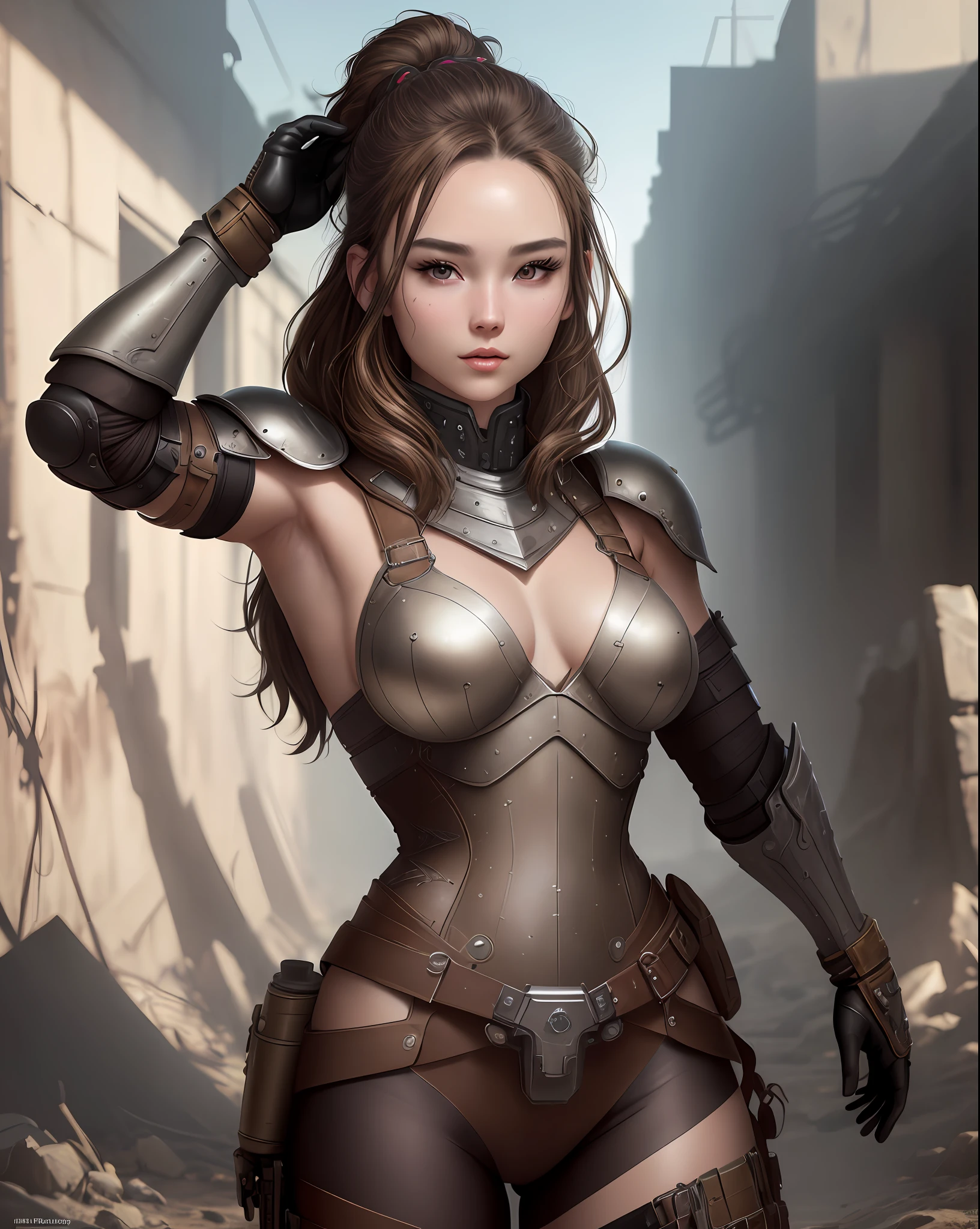 "Complete art masterpiece, high quality, ultra detailed in 4k, 8k, high resolution, hyper-realistic photo, hyper-detailed, realistic skin texture, amazing shadows, extremely detailed texture, perfect lighting, high-level image quality." A female heroine, (Fair skin, brown hair, chinese, outlined eyes, outlined face, gloves, thin body), wearing a one-piece leather tattered armor, dystopian wastland nuclear Fallout Future, sexy arms UP pose, armpit