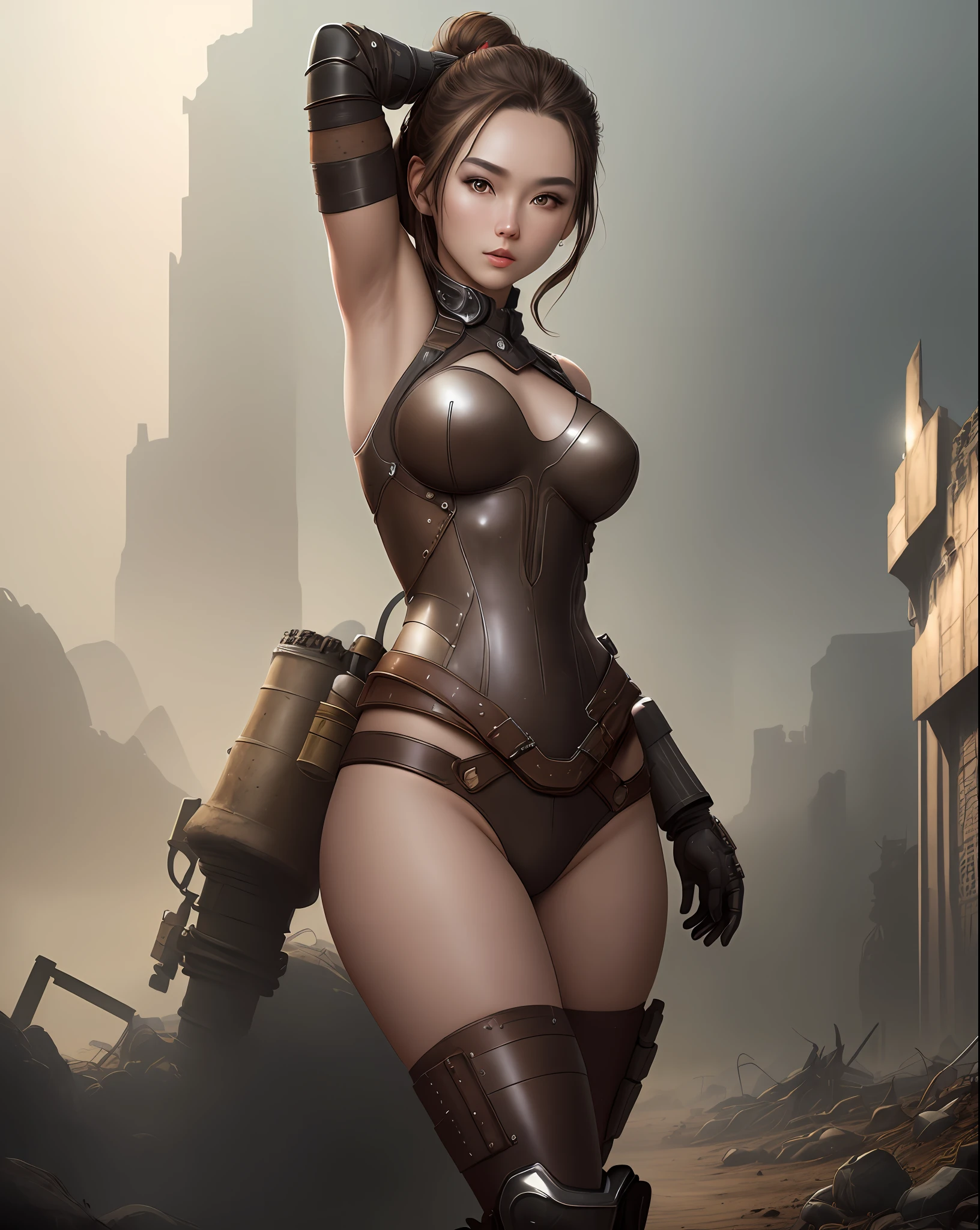 "Complete art masterpiece, high quality, ultra detailed in 4k, 8k, high resolution, hyper-realistic photo, hyper-detailed, realistic skin texture, amazing shadows, extremely detailed texture, perfect lighting, high-level image quality." A female heroine, (Fair skin, brown hair, chinese, outlined eyes, outlined face, gloves, thin body), wearing a one-piece leather tattered armor, dystopian wastland nuclear Fallout Future, sexy arms UP pose, armpit