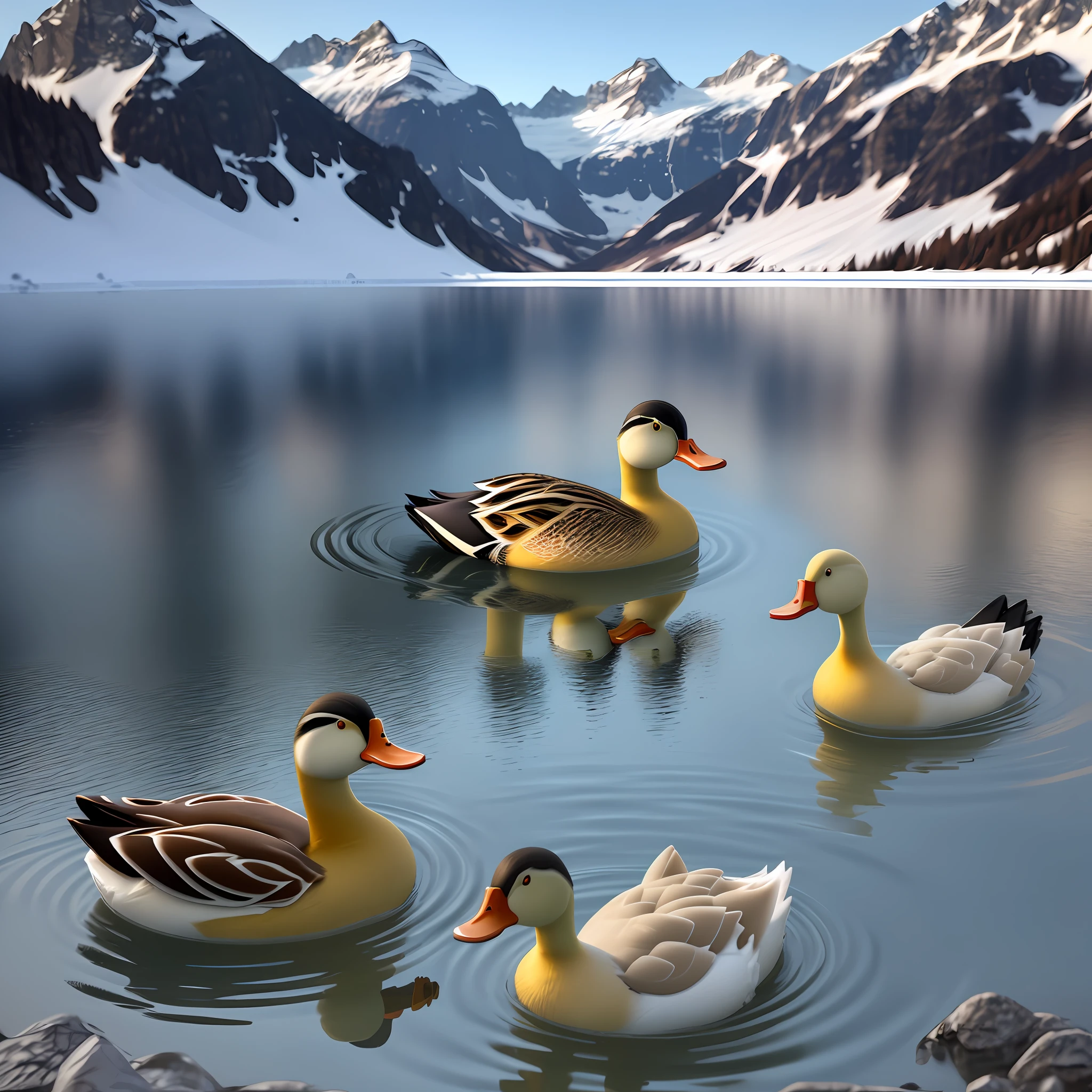 A duck; in the style of 3d render; the duck is in a cold swiss lake with his duck friends