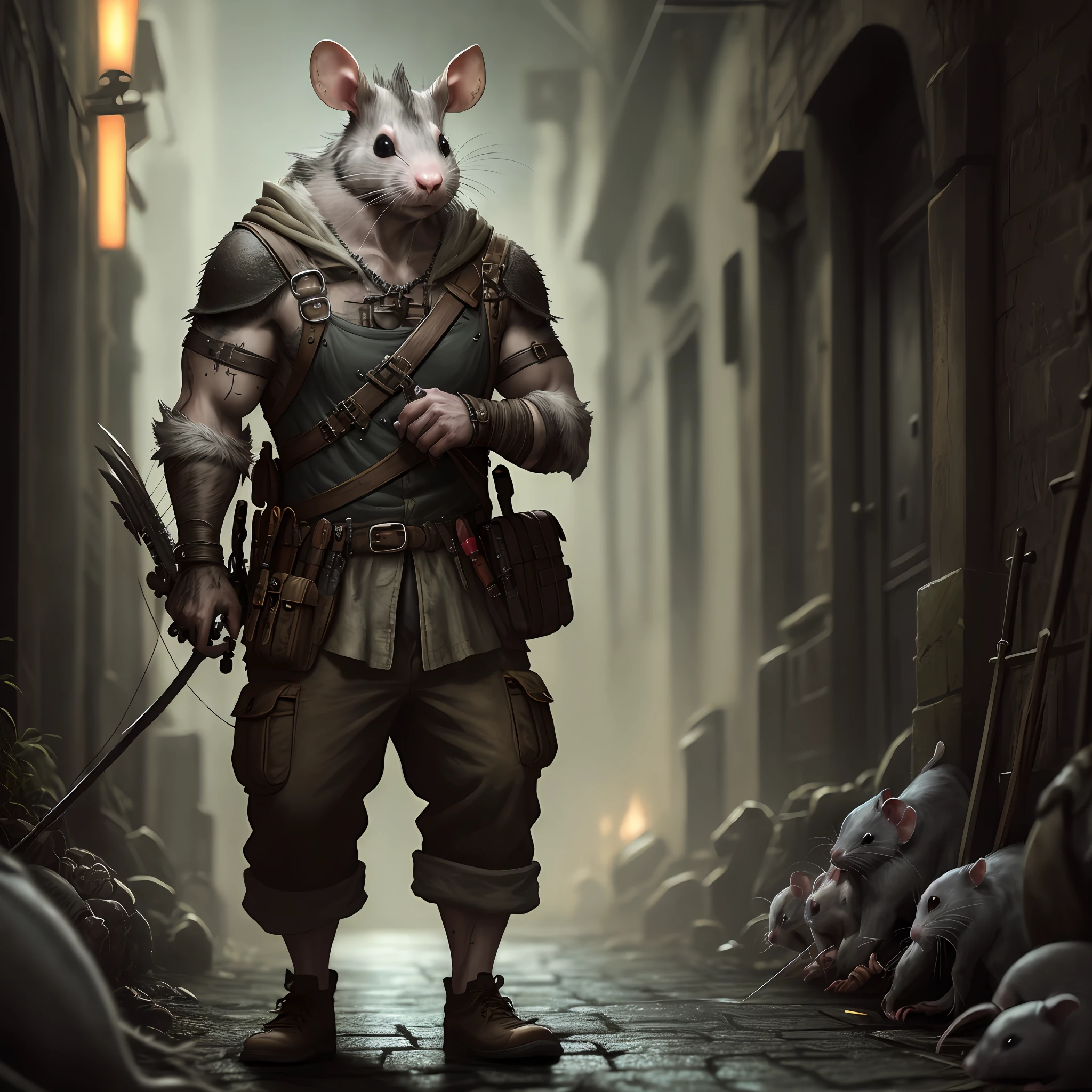Rat man holding a crossbow, sewer, critters, cinematic focus, 8k quality, big nails, dark and vivid colors