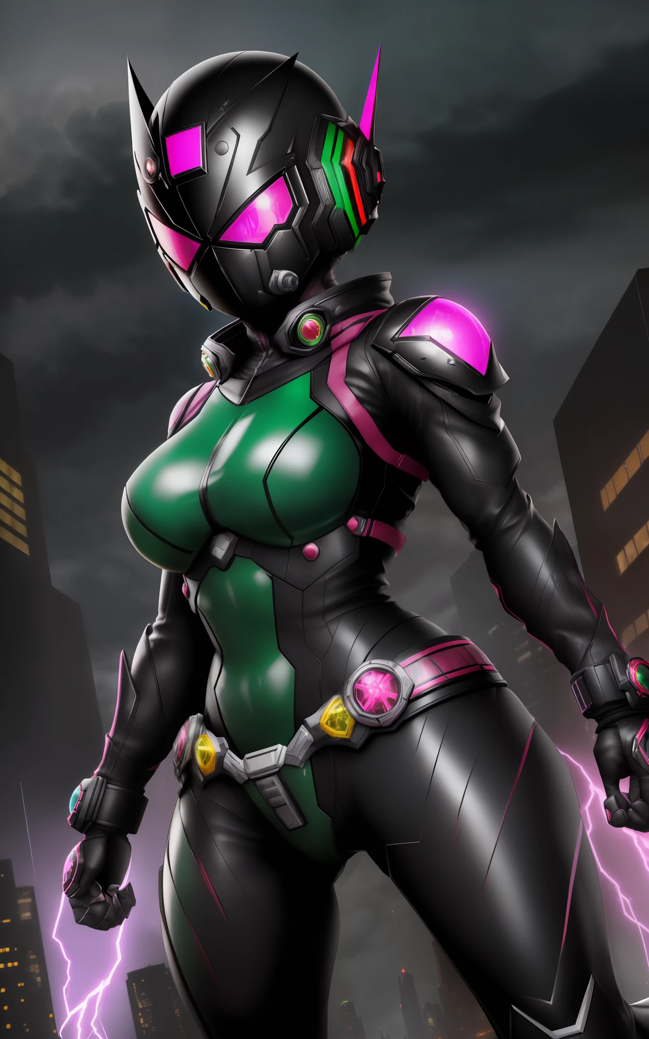 ((1girl/kamen Rider/helmet with fully covered face with colored glass viewfinder/colored eye lights)), Unreal Engine 5/Mortal Kombat, anime style, full resolution/quality/sharpness/detail viewer, (bald head), breasts1giant, facing the viewer/staring, fighting position, clenched fists, in a futuristic city raining and thundering.