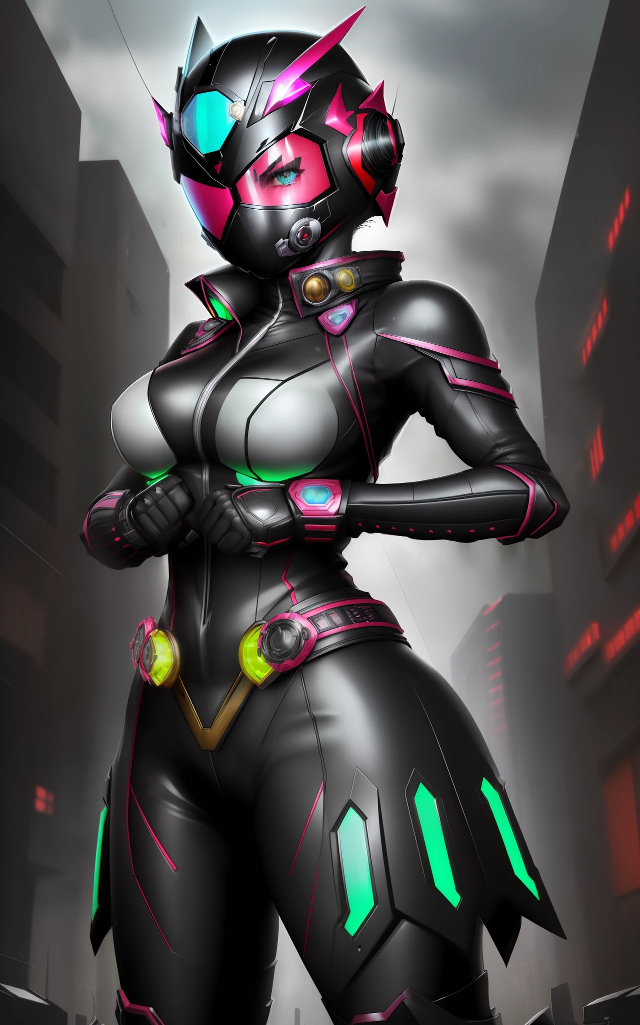 ((1girl/kamen Rider/helmet with fully covered face with colored glass viewfinder/colored eye lights)), Unreal Engine 5/Mortal Kombat, anime style, full resolution/quality/sharpness/detail viewer, (bald head), breasts1giant, facing the viewer/staring, fighting position, clenched fists, in a futuristic city raining and thundering.