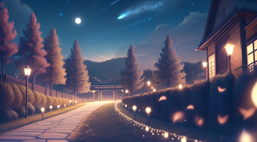 (extremely detailed CG unity 8k wallpaper, stunning masterpiece), best quality, best shadow and light effects, floating,

[(beautiful anime scene),(beautiful anime scenery),(star-studded night sky, moon, lamp posts, trees swaying in the wind, window patterns gently flapping),(anime art, anime style:1.5, dreamy),(night sky atmosphere, wonder),(wind blowing:1.2, foliage rustling),(romantic),(mystery),(fantasy),]:0.9 

这是一个简单的三段式优化Prompt，第一段是画质tag和画风tag，第二段是描写场景细节和气氛，第三段是embedding tag。