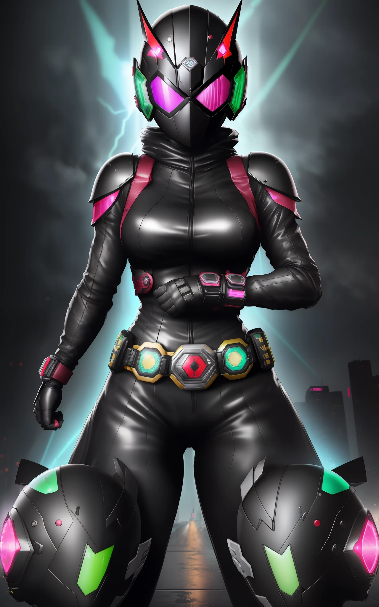 ((1girl/kamen Rider/helmet with fully covered face with colored glass display/colored eye lights)), Unreal Engine 5/Mortal Kombat, anime style, full resolution/quality/sharpness/detail viewer, belt, (bald head), breasts1giant, facing the viewer/staring, fighting position, clenched fists, in a futuristic city raining and thundering.
