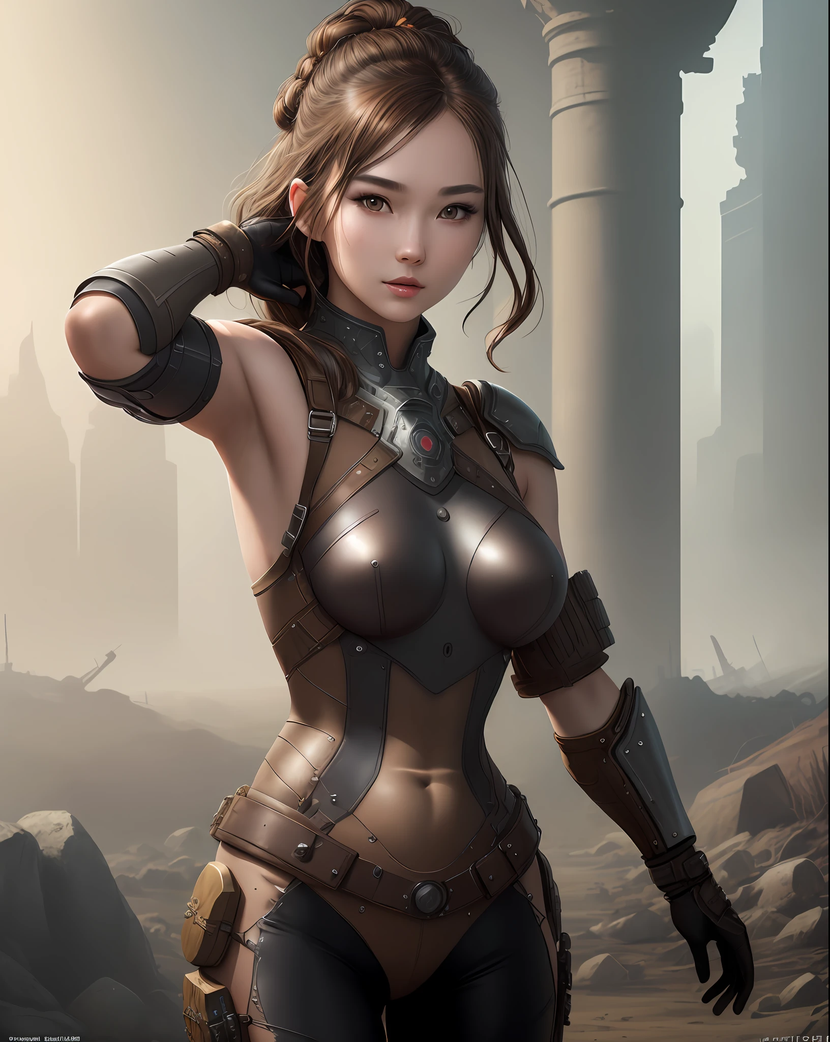 "Complete art masterpiece, high quality, ultra detailed in 4k, 8k, high resolution, hyper-realistic photo, hyper-detailed, realistic skin texture, amazing shadows, extremely detailed texture, perfect lighting, high-level image quality." A female heroine, (Fair skin, brown hair, chinese, outlined eyes, outlined face, gloves, thin body), wearing a one-piece leather tattered armor, dystopian wastland nuclear Fallout Future, sexy arms UP pose, armpit