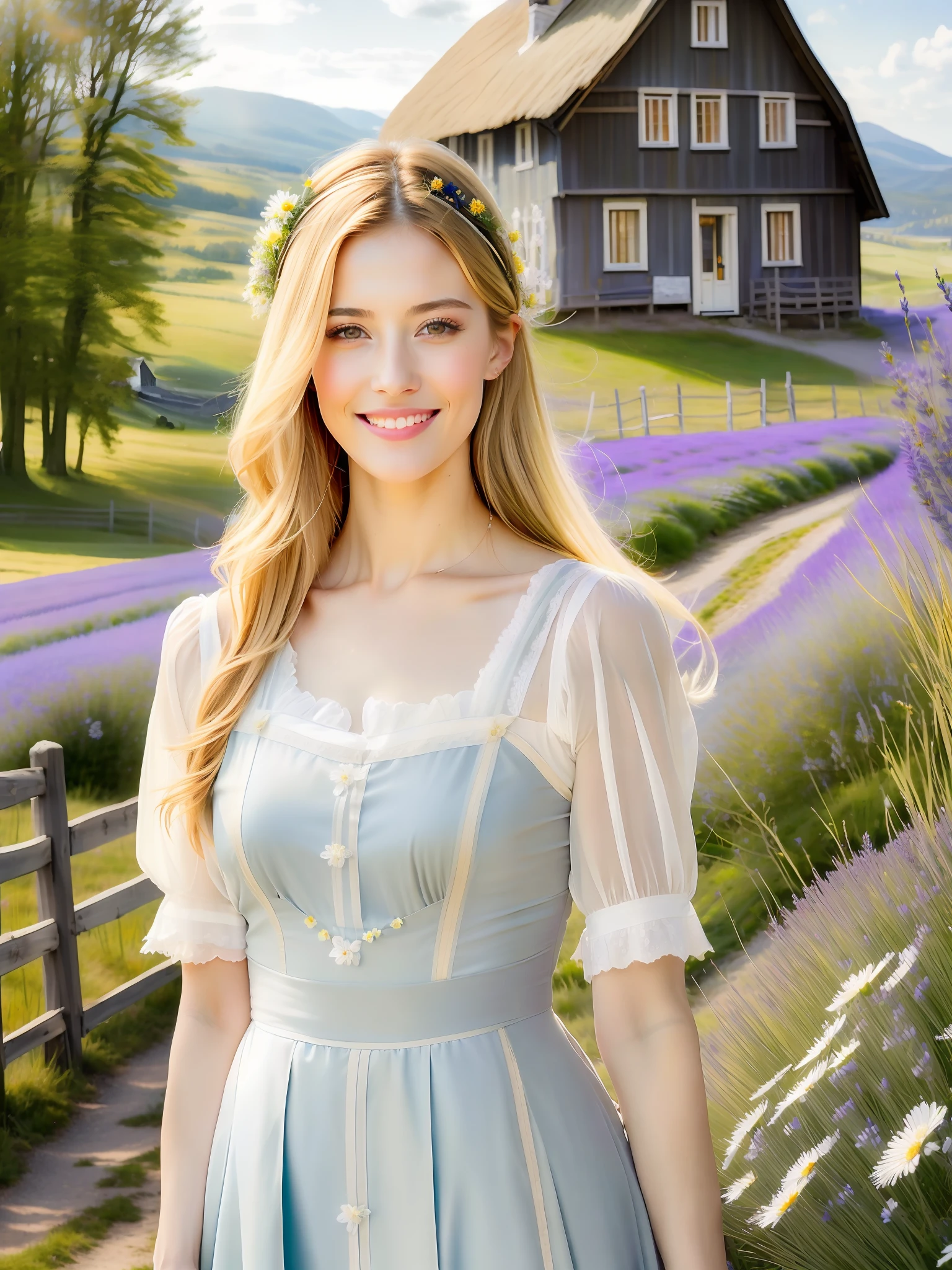 (masterpiece, high resolution, photorealistic:1.3), (beautiful blonde woman:1.2), (flowing golden locks:1.1), walking in a picturesque Swedish countryside, vibrant spring colors, blooming flowers, (lush green meadows:1.2), (soft sunlight:1.1) filtering through tall birch trees, (dainty wildflowers:1.2), (delicate daisies:1.1), (fragrant lavender:1.1), (colorful lupines:1.1), tranquil atmosphere, (pastel blue sky:1.2), (gentle breeze:1.1), (Swedish traditional dress:1.2), intricate floral embroidery, (embellished headband:1.1), (traditional wooden cottage:1.2), (white picket fence:1.1), (rustic windmill:1.1), (swaying fields of wheat:1.2), (rolling hills:1.2), (crystal-clear lake:1.2), (distant snow-capped mountains:1.1), (cheerful birdsong:1.1), (content smile:1.1), (lively atmosphere:1.1), (captivating Scandinavian charm:1.1).