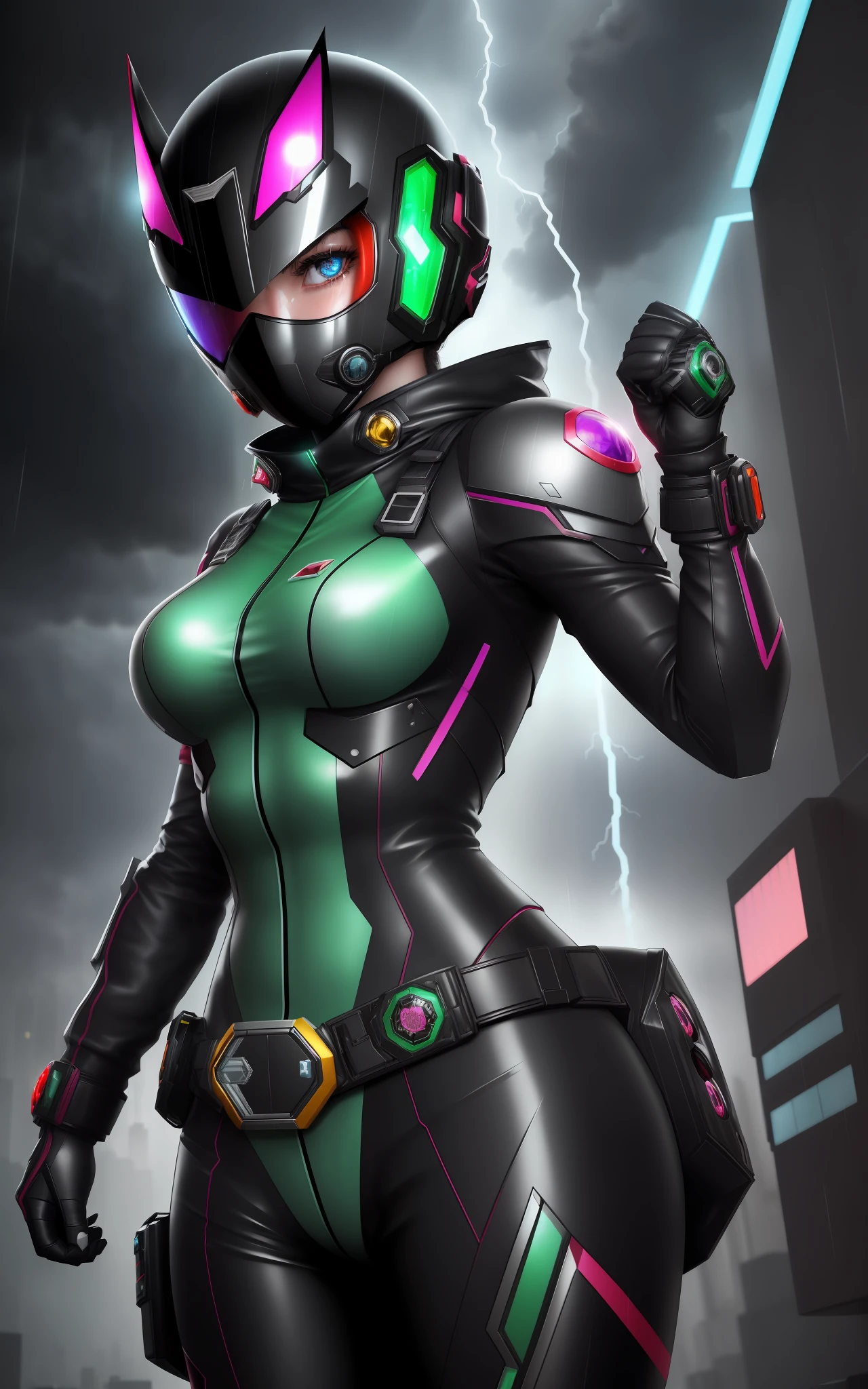 ((1girl/kamen Rider/helmet with fully covered face with colored glass display/colored eye lights)), Unreal Engine 5/Kamen Rider/Tokusatsu, anime style, full resolution/quality/sharpness/detail viewer, belt, (bald head), breasts1giant, facing the viewer/staring, fighting position, clenched fists, in a futuristic city raining and thundering.