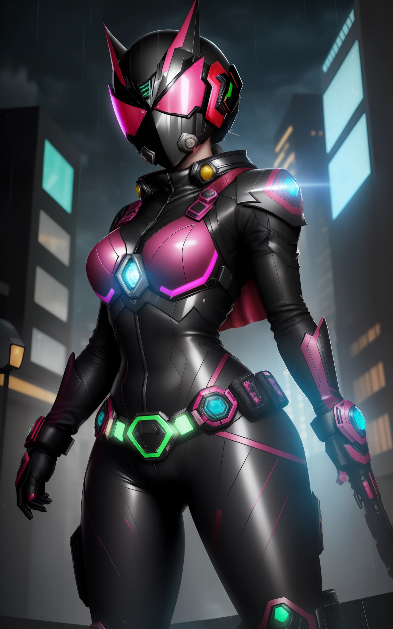 ((1girl/kamen Rider/helmet with fully covered face with colored glass display/colored eye lights)), Unreal Engine 5/Kamen Rider/Tokusatsu, anime style, full resolution/quality/sharpness/detail viewer, belt, (bald head), breasts1giant, facing the viewer/staring, fighting position, clenched fists, in a futuristic city raining and thundering.