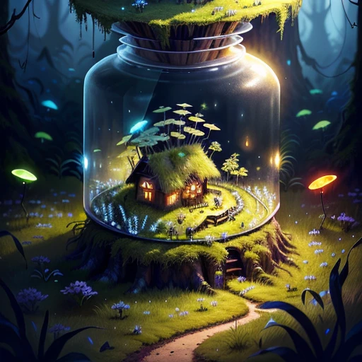 supercolony of ants living in abandoned glass high heels, grass and moss and tiny flower growing in it, fantasy night forest ambiance with fireflies