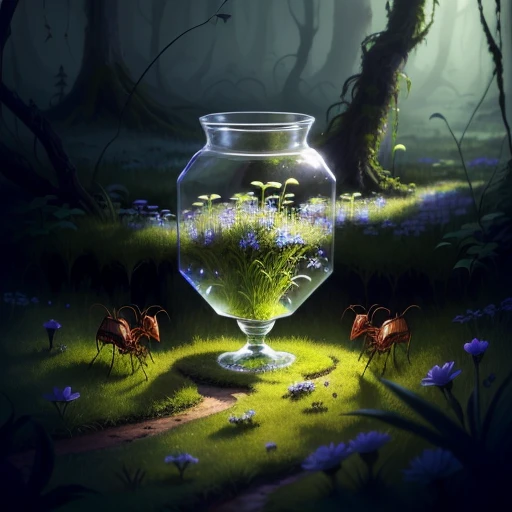 colony of ants living in abandoned glass highheels, grass and moss and tiny flower growing in it, fantasy night forest ambiance with fireflies