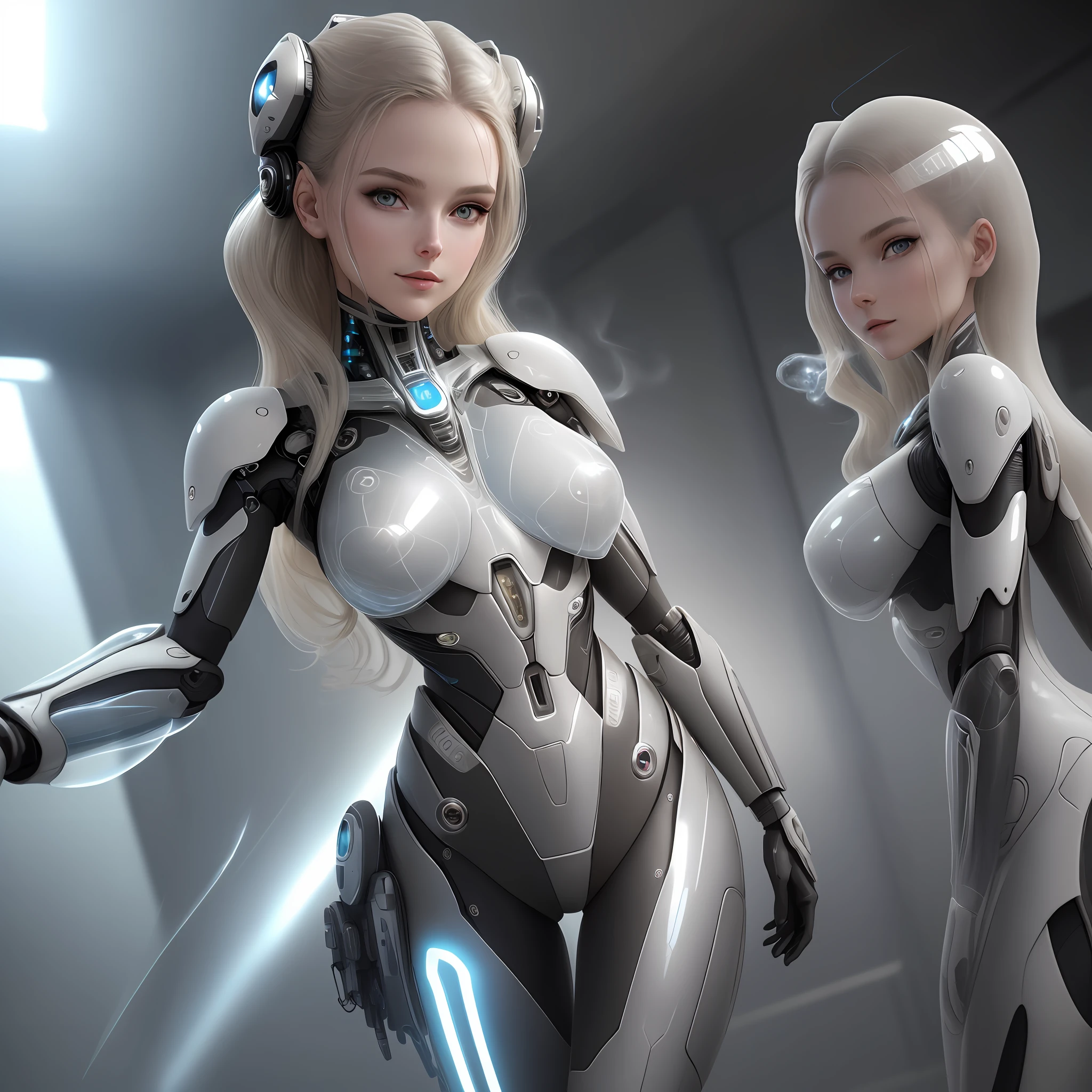 A beautiful cyborg girl on an alien planet, long legs, science fiction, full length, detailed eyes, hyper detailed face, Laeticia Casta smiles, smoke that looks like transparent face, incredibly fluid smoke, detailed intricate, light particles, muted color, wet floor reflections, translucent, complex, symmetrical, sharp focus, perfect, model, close-up, textured, looking at the camera, radiant alien,  Mix pencil + matte painting, fiction, chiaroscuro, professional makeup, realistic, rough, sandy, figure on the board, show only one character, sticky clothing, shiny, bikini