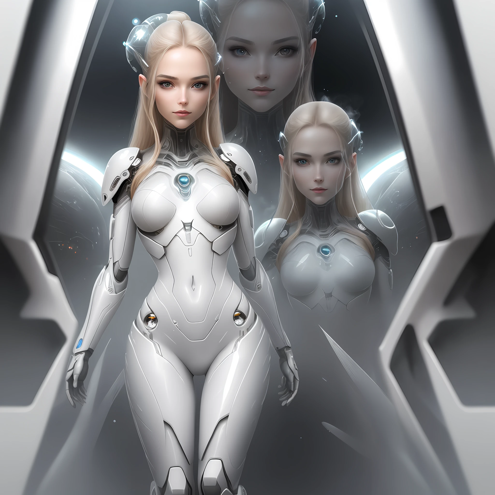 A beautiful cyborg girl on an alien planet, long legs, science fiction, full length, detailed eyes, hyper detailed face, Laeticia Casta smiles, smoke that looks like transparent face, incredibly fluid smoke, detailed intricate, light particles, muted color, wet floor reflections, translucent, complex, symmetrical, sharp focus, perfect, model, close-up, textured, looking at the camera, radiant alien, Mix pencil + matte painting, fiction, chiaroscuro, professional makeup, realistic, rough, sandy, figure on the board, show only one character, sticky clothing, shiny, bikini