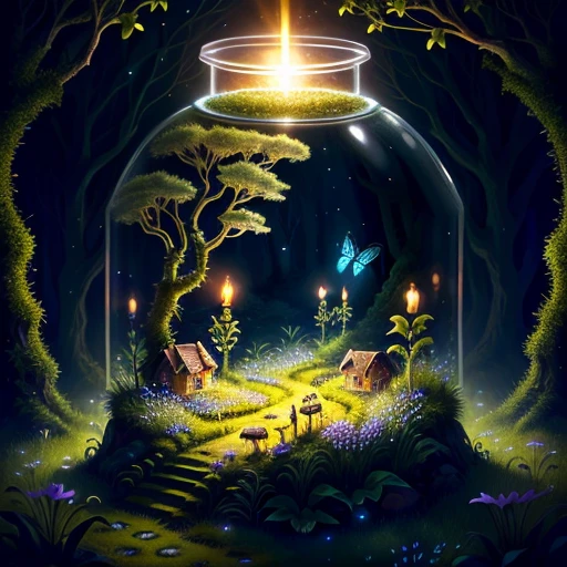 supercolony of ants living in abandoned glass Cinderella's shoes, grass and moss and tiny flower growing in it, fantasy night forest ambiance with fireflies