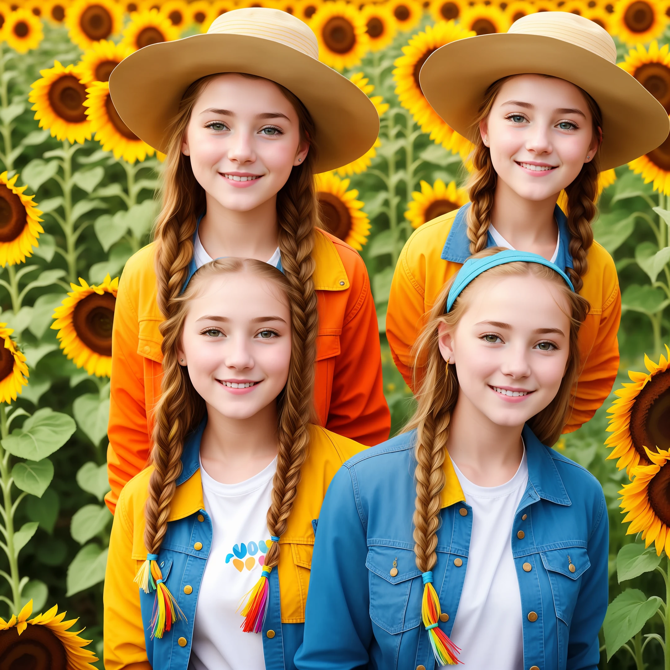 blue sky, lovely girl,1 7 year-old, rainbow bright long hair, Fried Dough Twists braids, sunflower hat, colorful jacket, colorful clear eyes, smile, oval face standing in the sunflower field,(realistic, photo-realistic:1.2)