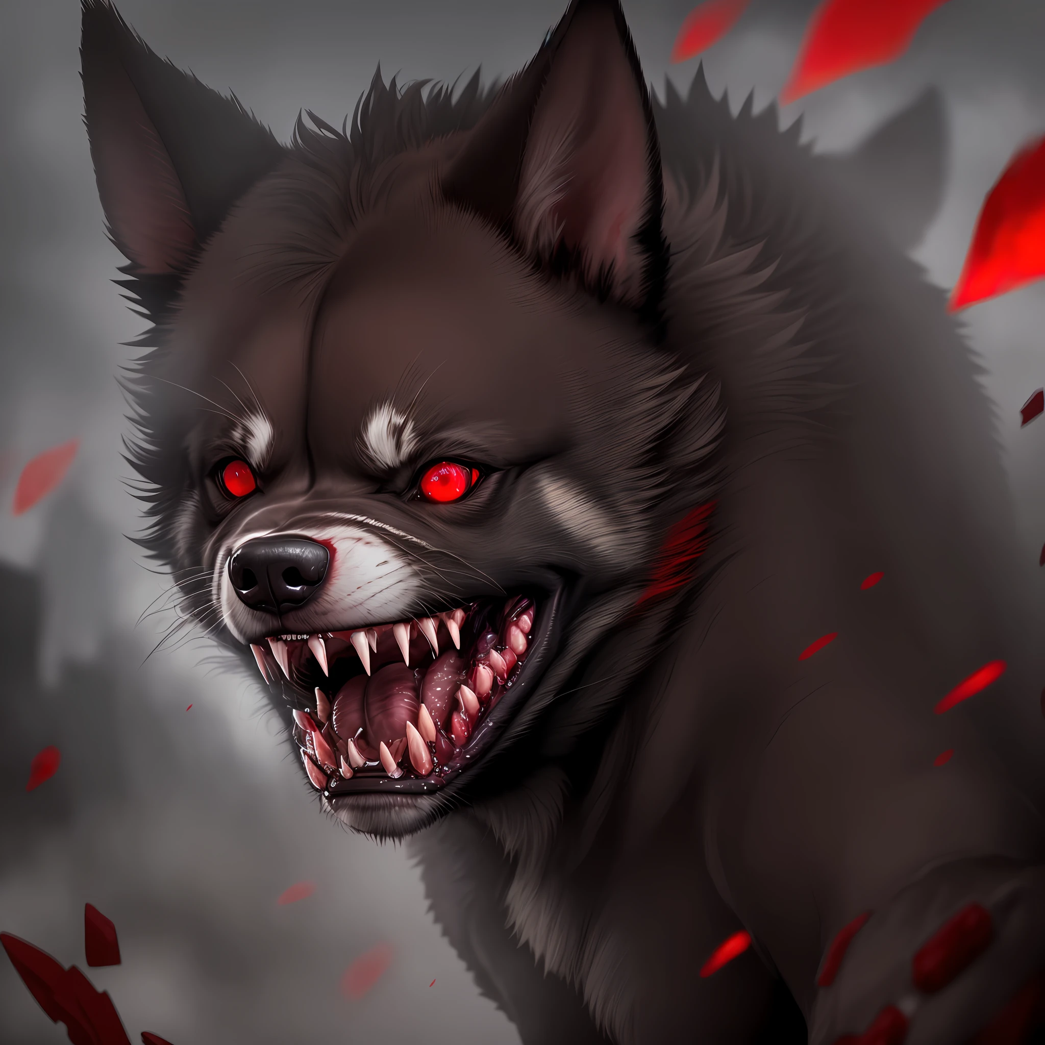 Rabid dog, killer red eyes, attack position, dark horror background, night, 8k quality, cinematic focus, big nails and teeth